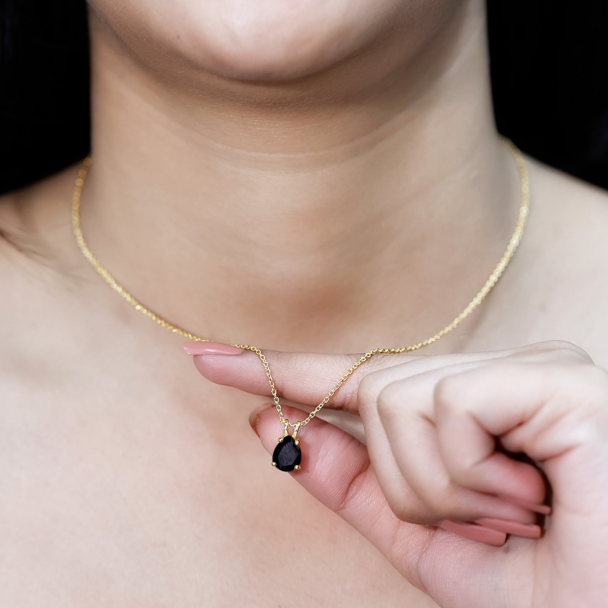 1.6 Carat Pear Shaped Black Onyx Solitaire Necklace with Silver Chain AAA 14K Yellow Gold Plated Silver - Rosec Jewels