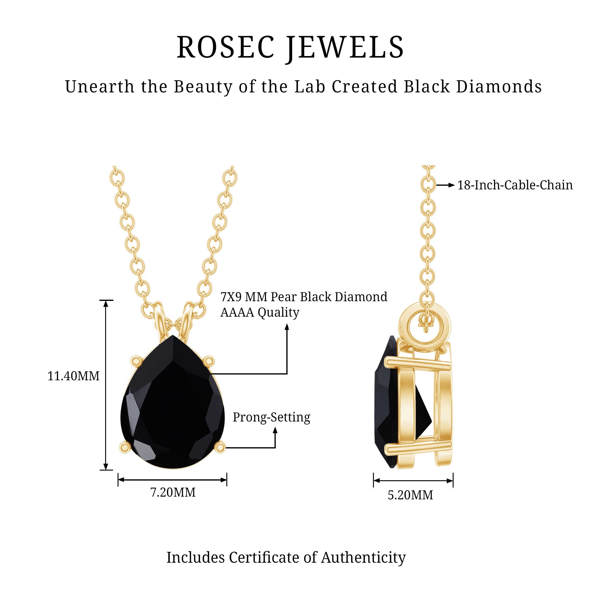Pear Shaped 2.75 Carat Lab Grown Black Diamond Teardrop Necklace with Chain AAAA ( Synthetic ) 14K Yellow Gold Plated Silver - Rosec Jewels