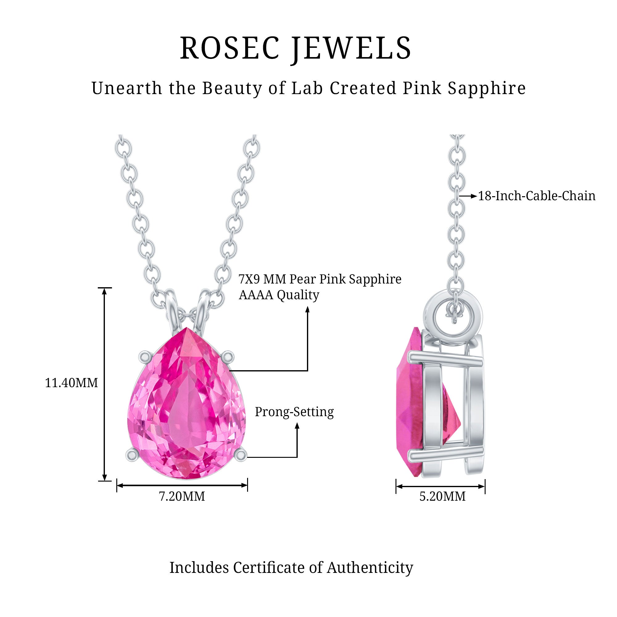 Certified 1.8 Carat Lab Grown Pink Sapphire Teardrop Necklace AAAA 92.5 Sterling Silver - Rosec Jewels