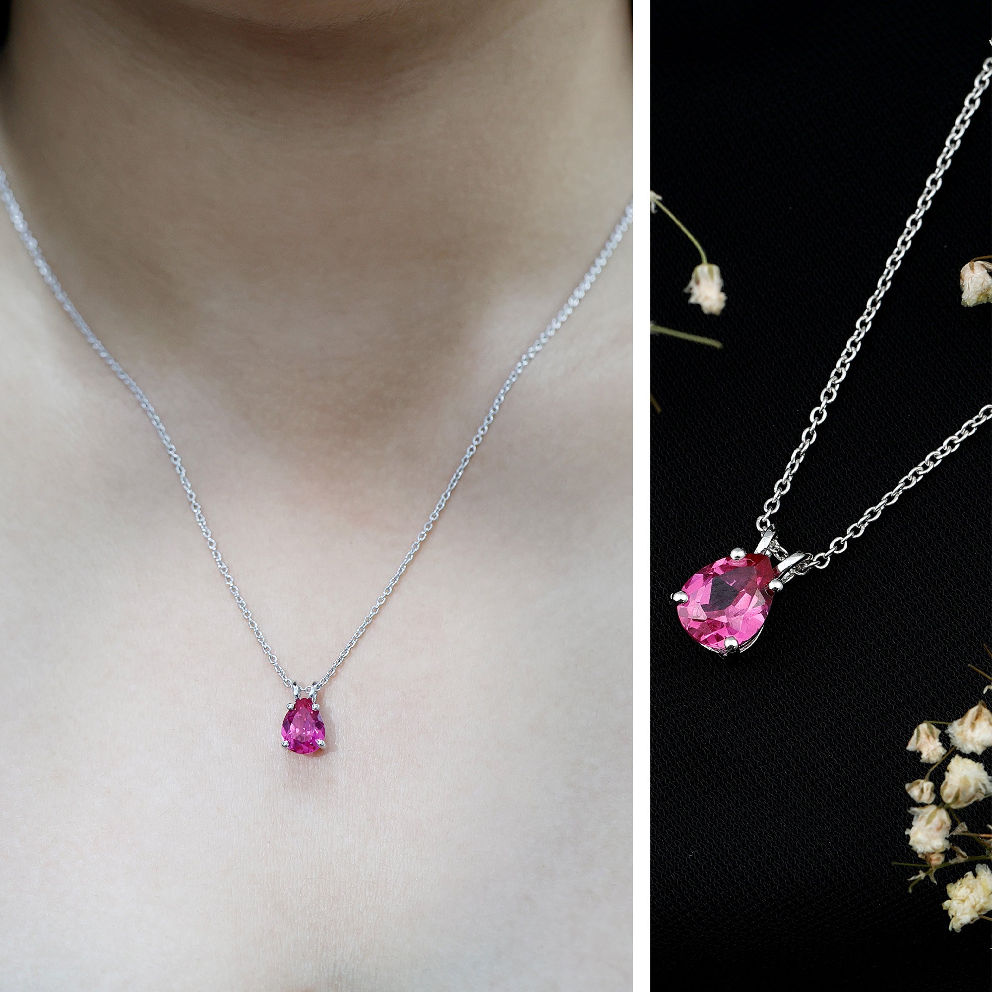 Certified 1.8 Carat Lab Grown Pink Sapphire Teardrop Necklace AAAA 92.5 Sterling Silver - Rosec Jewels