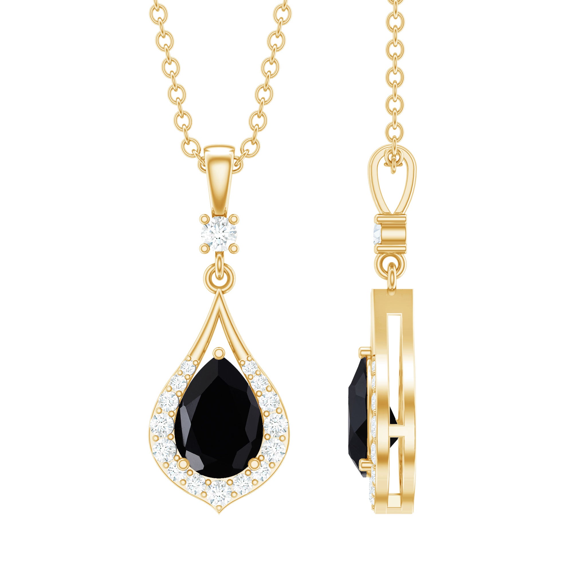 Certified Black and White Diamond Teardrop Necklace with Silver Chain AAA 14K Yellow Gold Plated Silver - Rosec Jewels