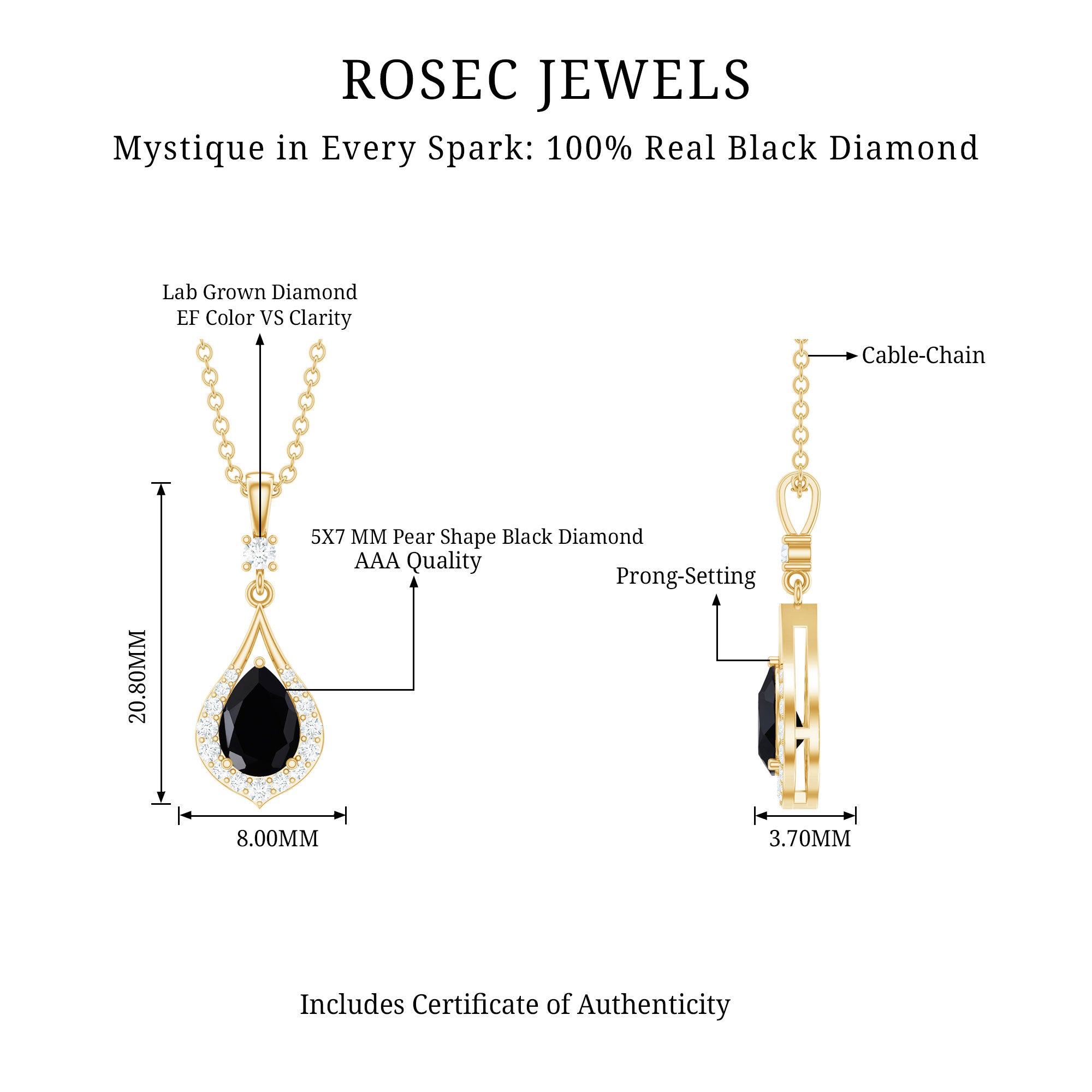 Certified Black and White Diamond Teardrop Necklace with Silver Chain AAA 14K Yellow Gold Plated Silver - Rosec Jewels