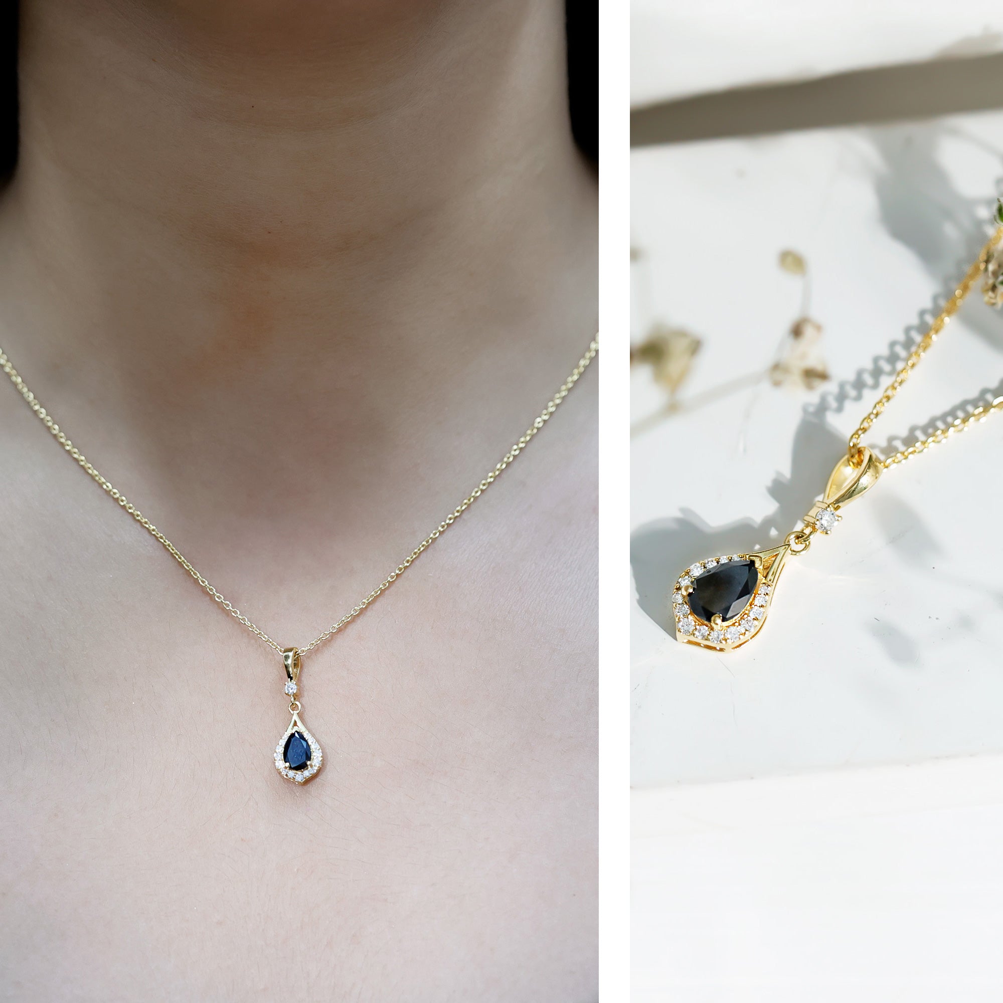 Certified Black and White Diamond Teardrop Necklace with Silver Chain AAA 14K Yellow Gold Plated Silver - Rosec Jewels