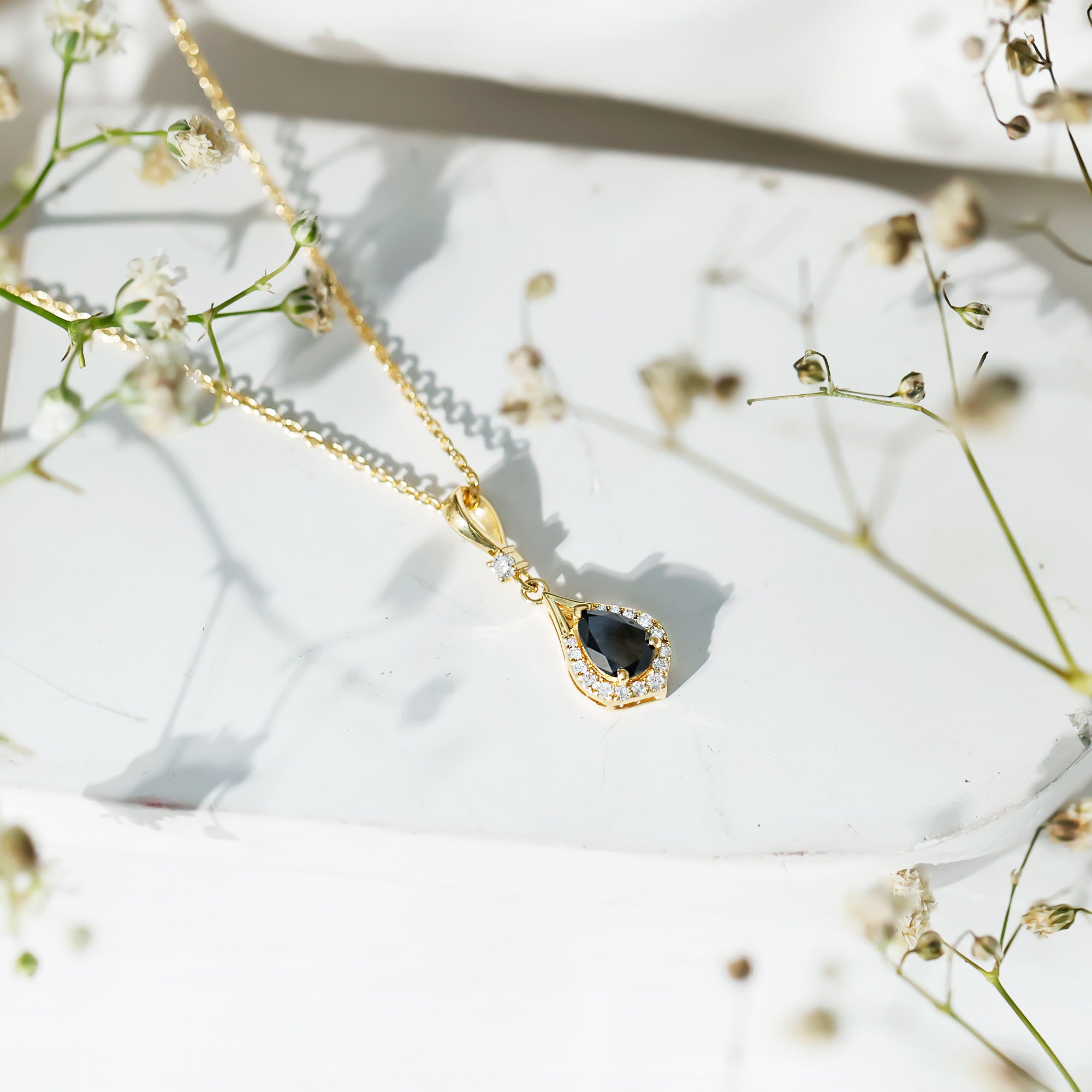 Certified Black and White Diamond Teardrop Necklace with Silver Chain AAA 14K Yellow Gold Plated Silver - Rosec Jewels