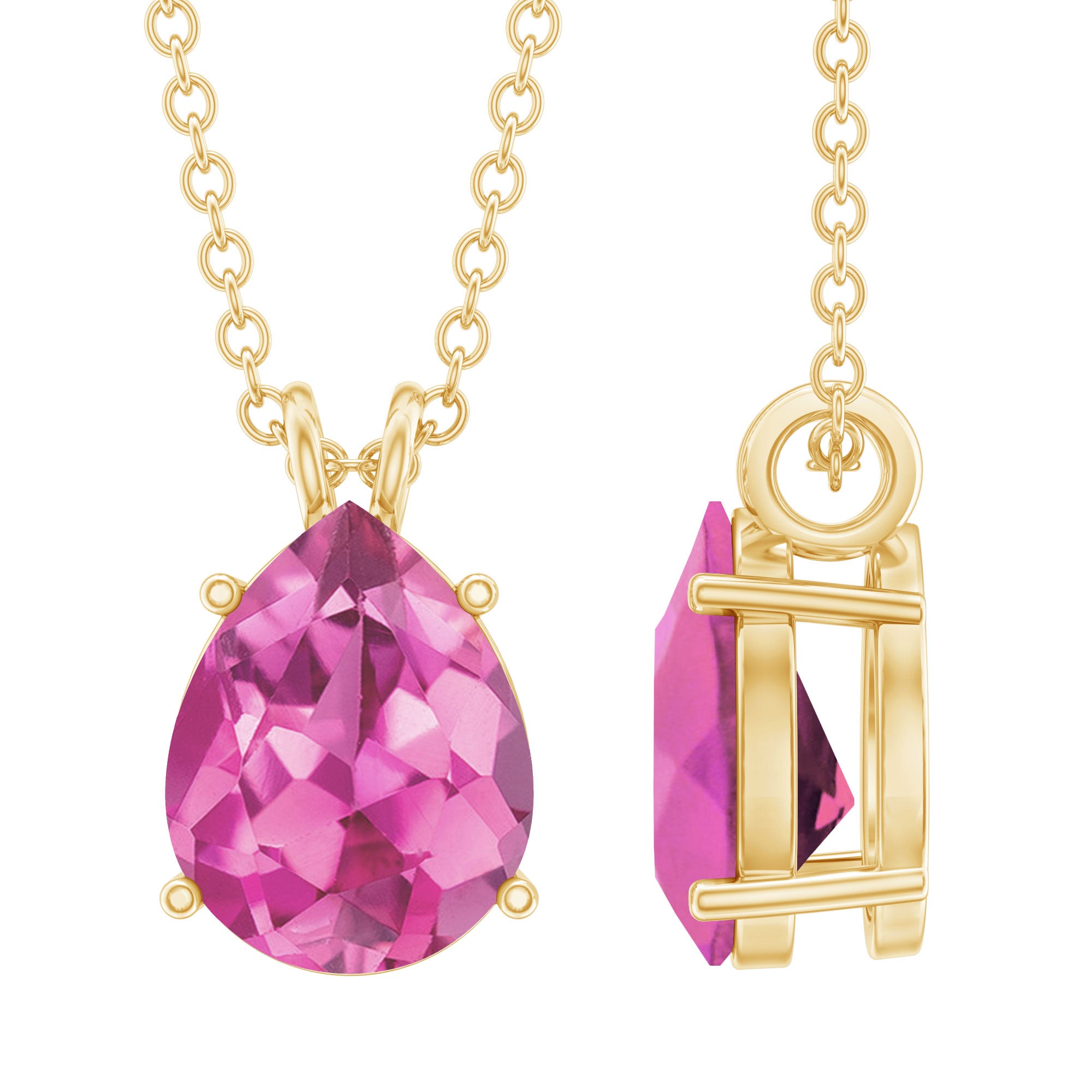 Genuine 1.6 Carat Pink Tourmaline Teardrop Necklace with Chain AAA 14K Yellow Gold Plated Silver - Rosec Jewels