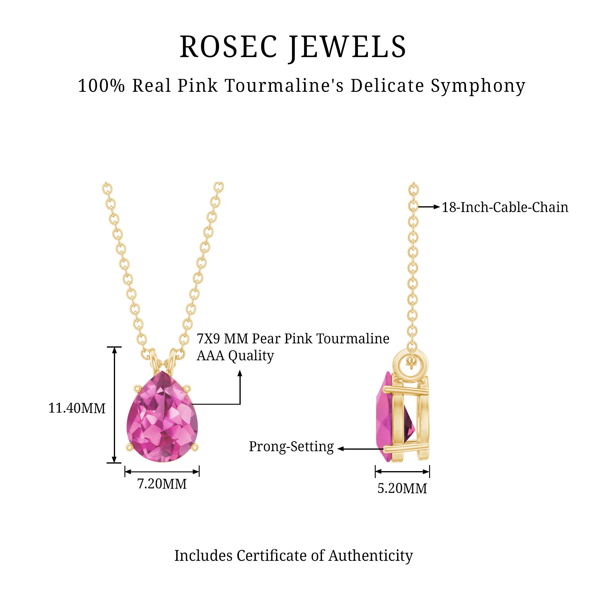 Genuine 1.6 Carat Pink Tourmaline Teardrop Necklace with Chain AAA 14K Yellow Gold Plated Silver - Rosec Jewels