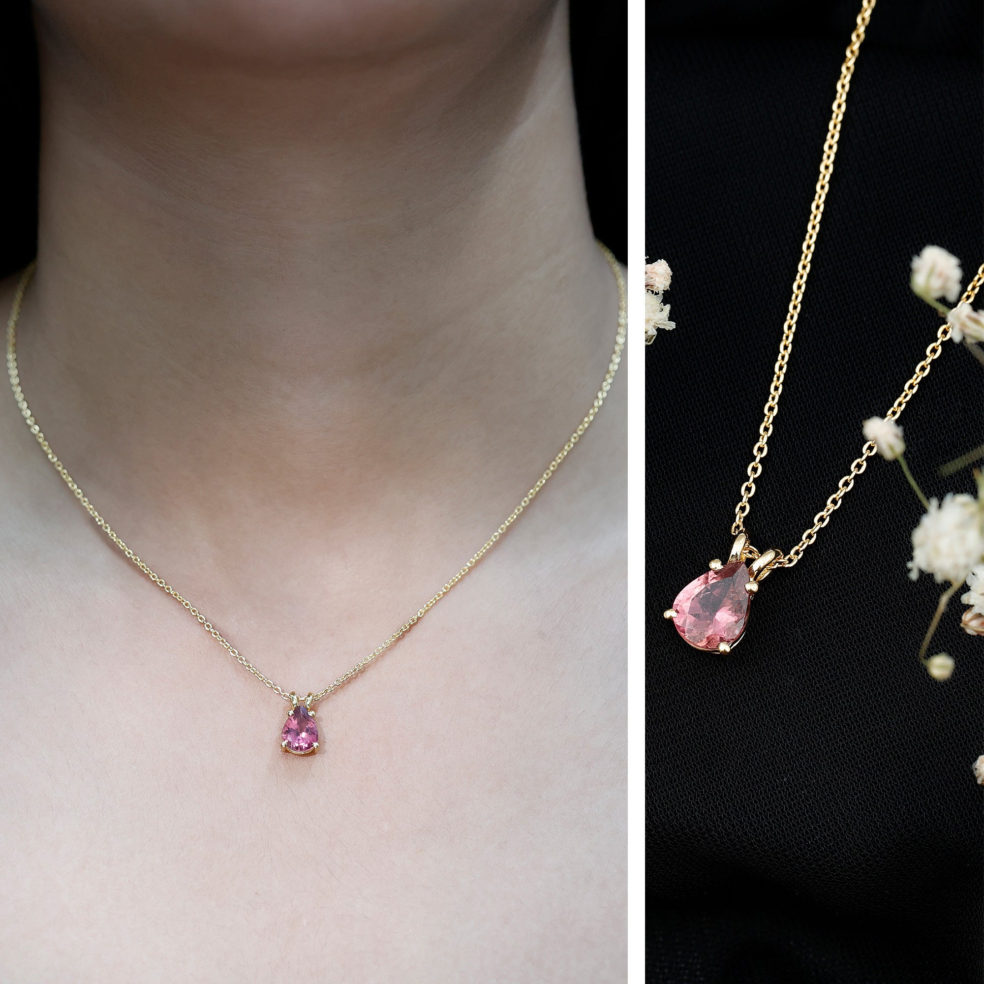Genuine 1.6 Carat Pink Tourmaline Teardrop Necklace with Chain AAA 14K Yellow Gold Plated Silver - Rosec Jewels