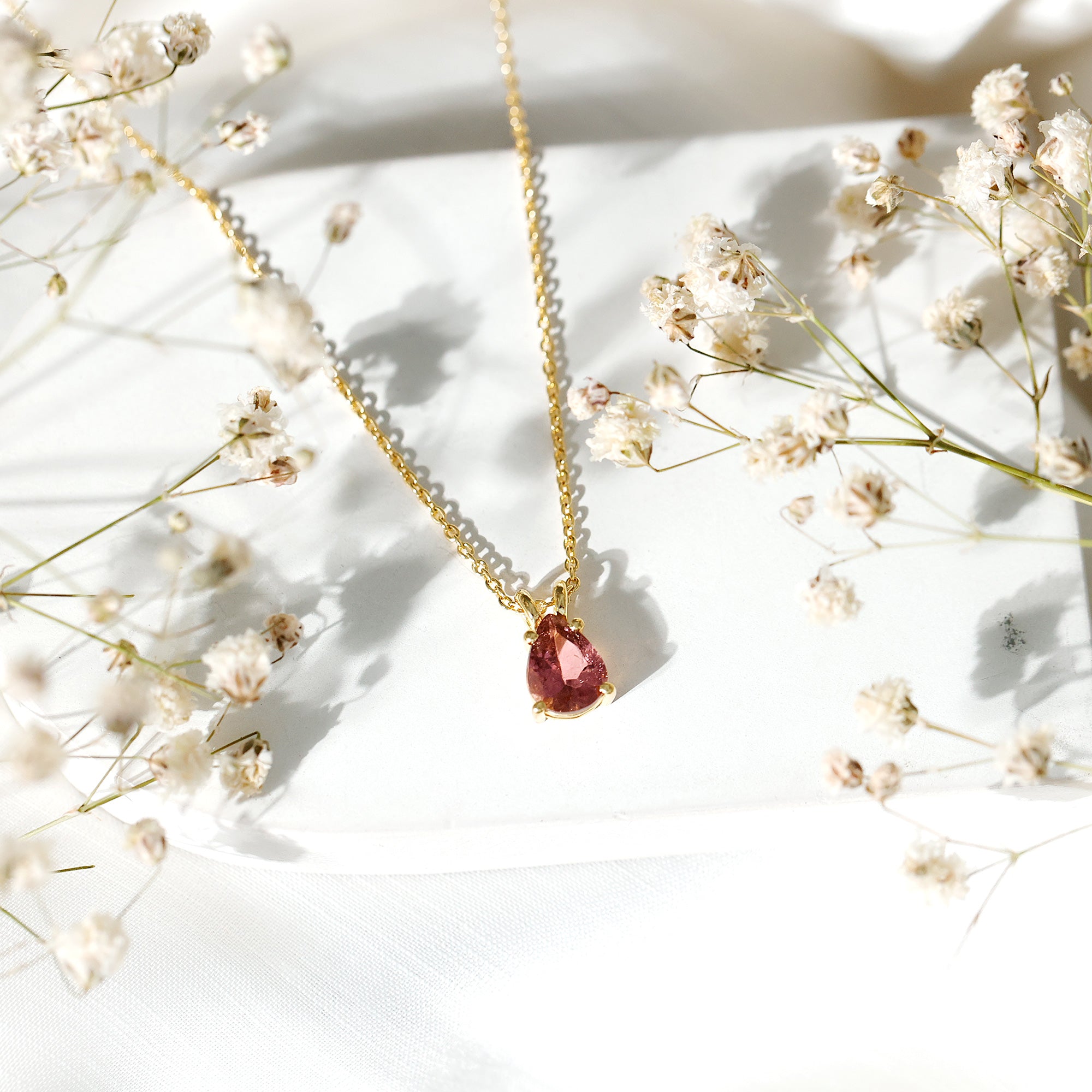 Genuine 1.6 Carat Pink Tourmaline Teardrop Necklace with Chain AAA 14K Yellow Gold Plated Silver - Rosec Jewels