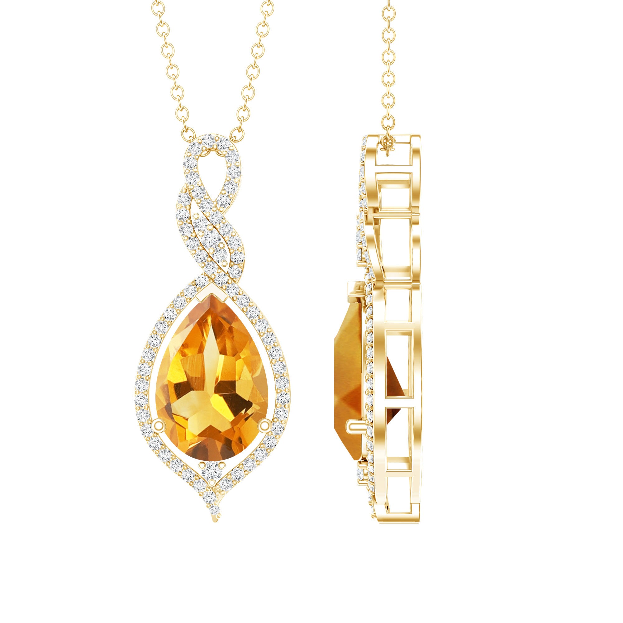 Natural 1.75 Carat Citrine Teardrop Bridal Necklace with Diamond AAA 14K Yellow Gold Plated Silver - Rosec Jewels