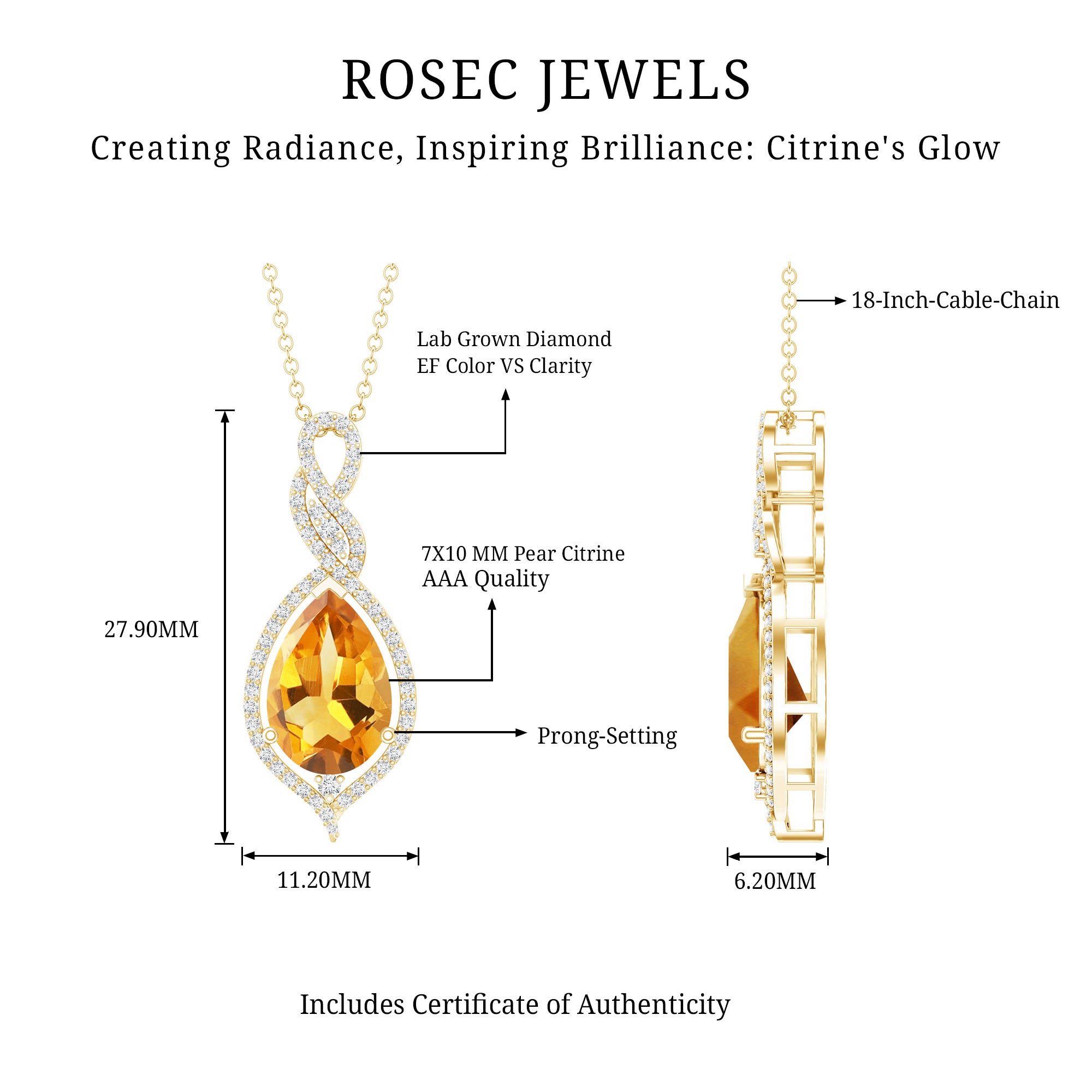 Natural 1.75 Carat Citrine Teardrop Bridal Necklace with Diamond AAA 14K Yellow Gold Plated Silver - Rosec Jewels