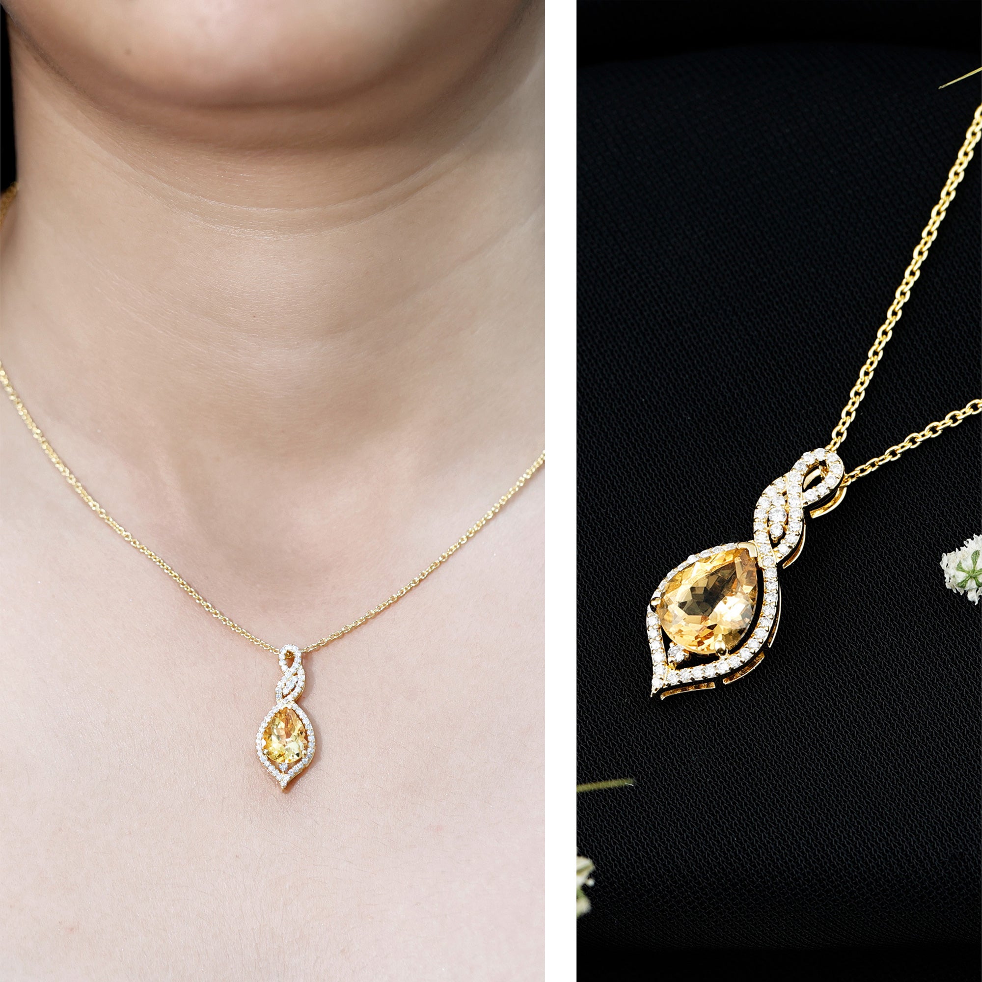Natural 1.75 Carat Citrine Teardrop Bridal Necklace with Diamond AAA 14K Yellow Gold Plated Silver - Rosec Jewels