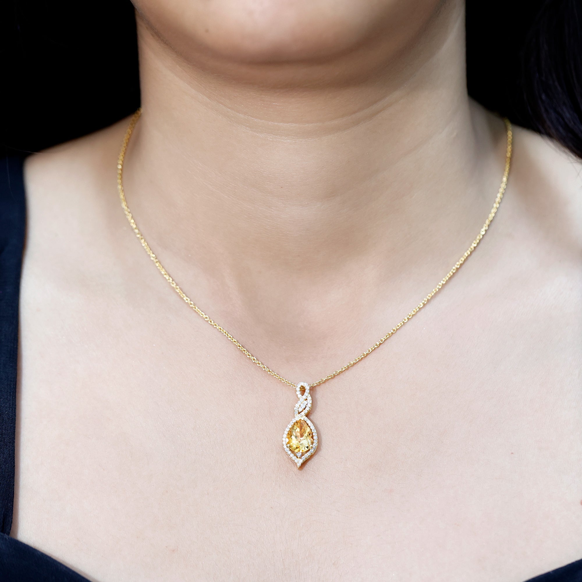 Natural 1.75 Carat Citrine Teardrop Bridal Necklace with Diamond AAA 14K Yellow Gold Plated Silver - Rosec Jewels