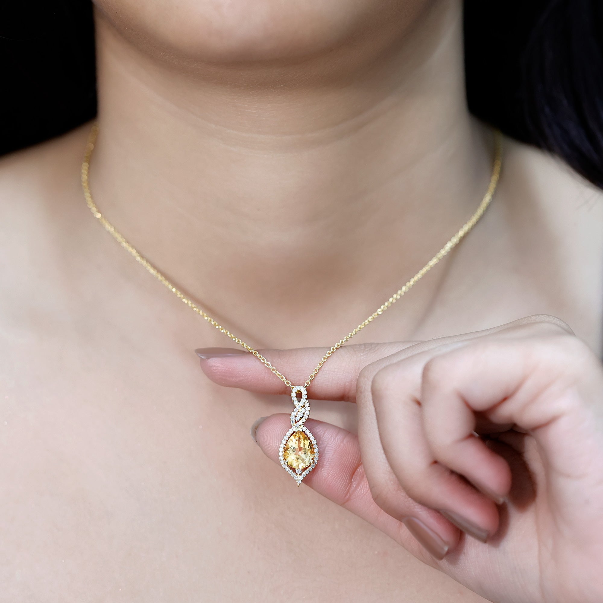 Natural 1.75 Carat Citrine Teardrop Bridal Necklace with Diamond AAA 14K Yellow Gold Plated Silver - Rosec Jewels