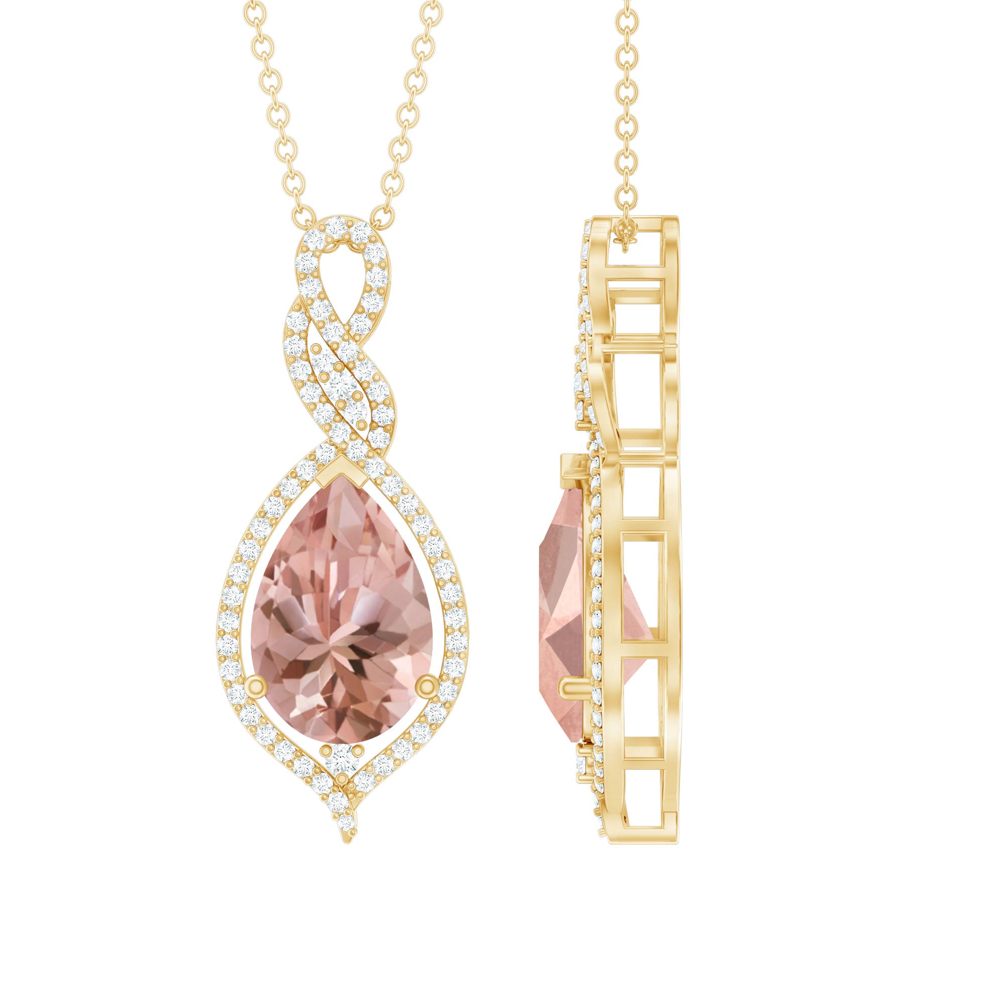 Certified 1.75 Carat Morganite Teardrop Necklace with Diamond AAA 14K Yellow Gold Plated Silver - Rosec Jewels