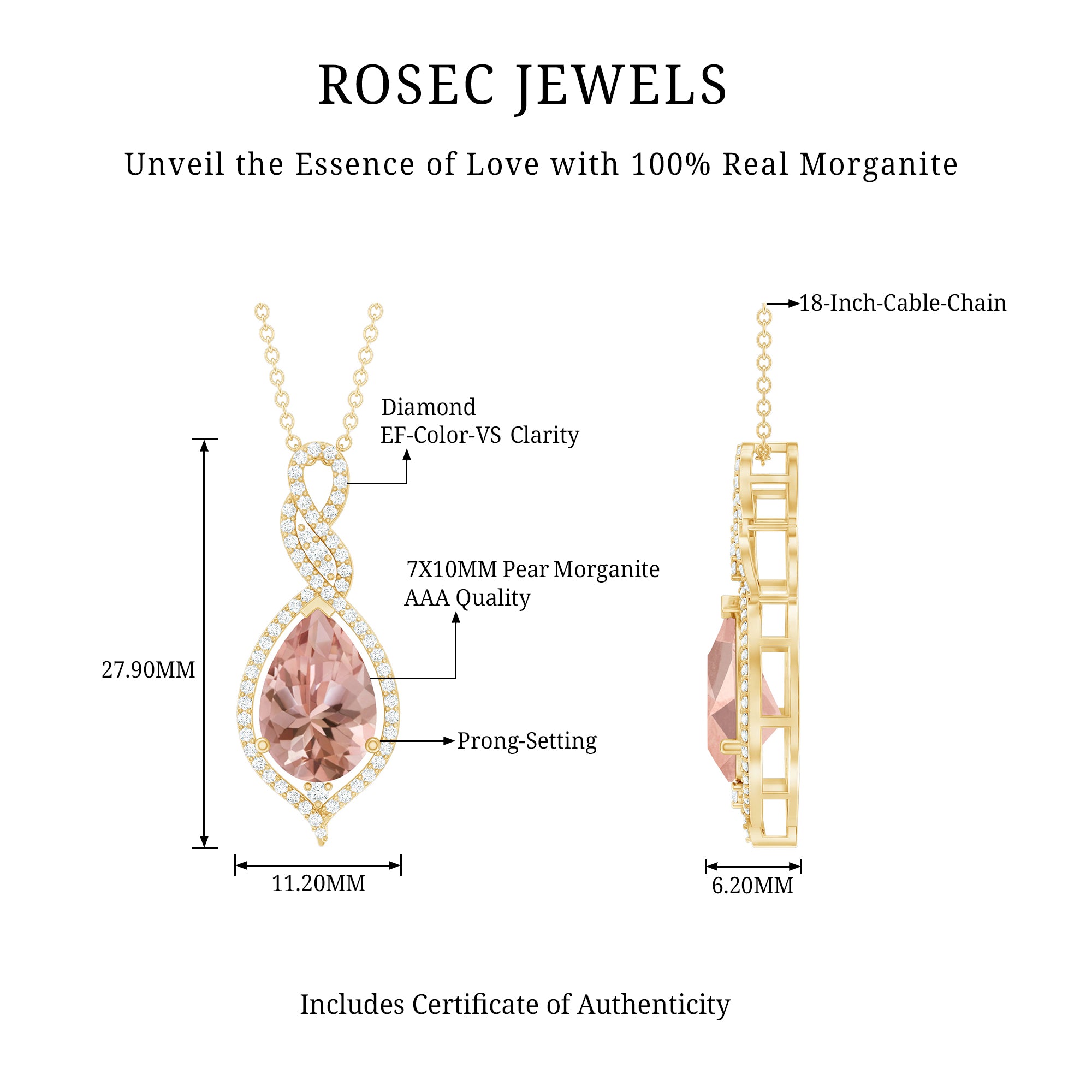 Certified 1.75 Carat Morganite Teardrop Necklace with Diamond AAA 14K Yellow Gold Plated Silver - Rosec Jewels