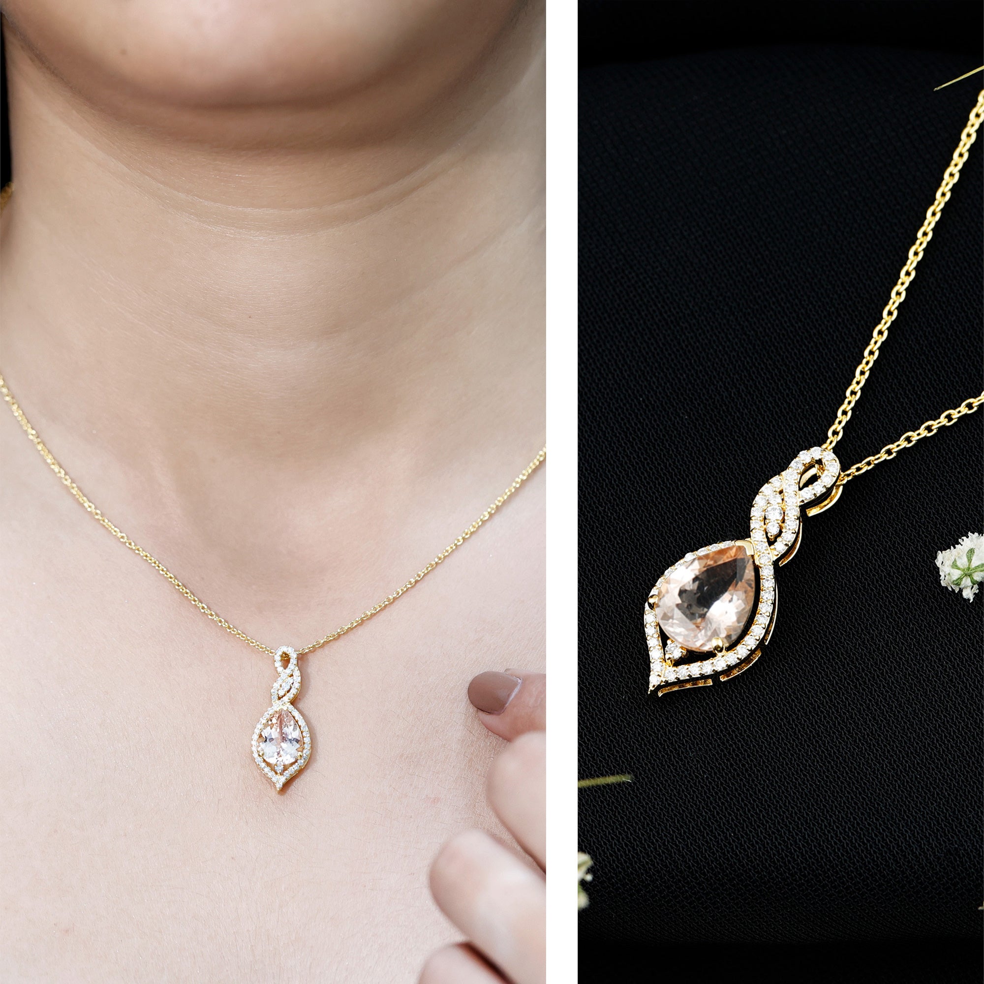Certified 1.75 Carat Morganite Teardrop Necklace with Diamond AAA 14K Yellow Gold Plated Silver - Rosec Jewels
