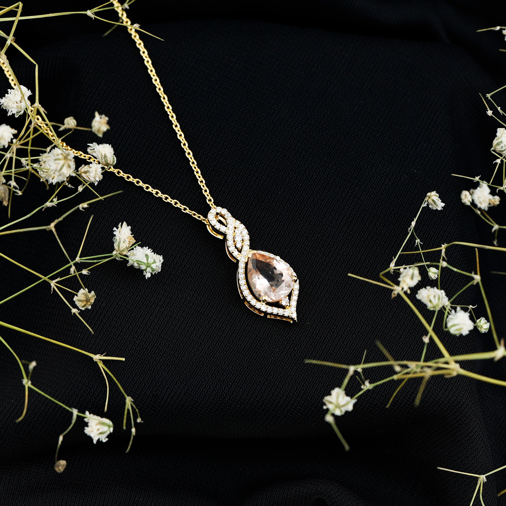 Certified 1.75 Carat Morganite Teardrop Necklace with Diamond AAA 14K Yellow Gold Plated Silver - Rosec Jewels