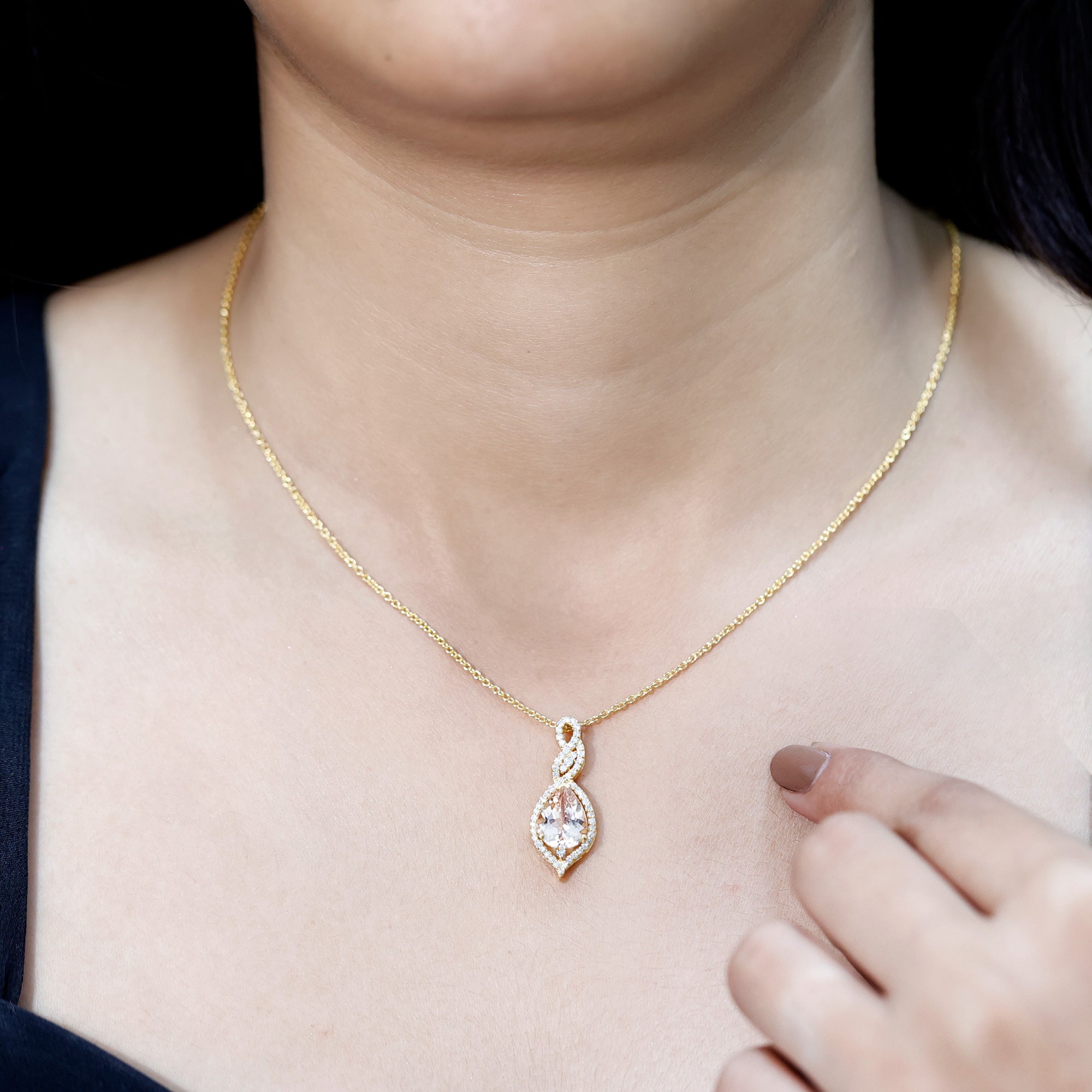 Certified 1.75 Carat Morganite Teardrop Necklace with Diamond AAA 14K Yellow Gold Plated Silver - Rosec Jewels