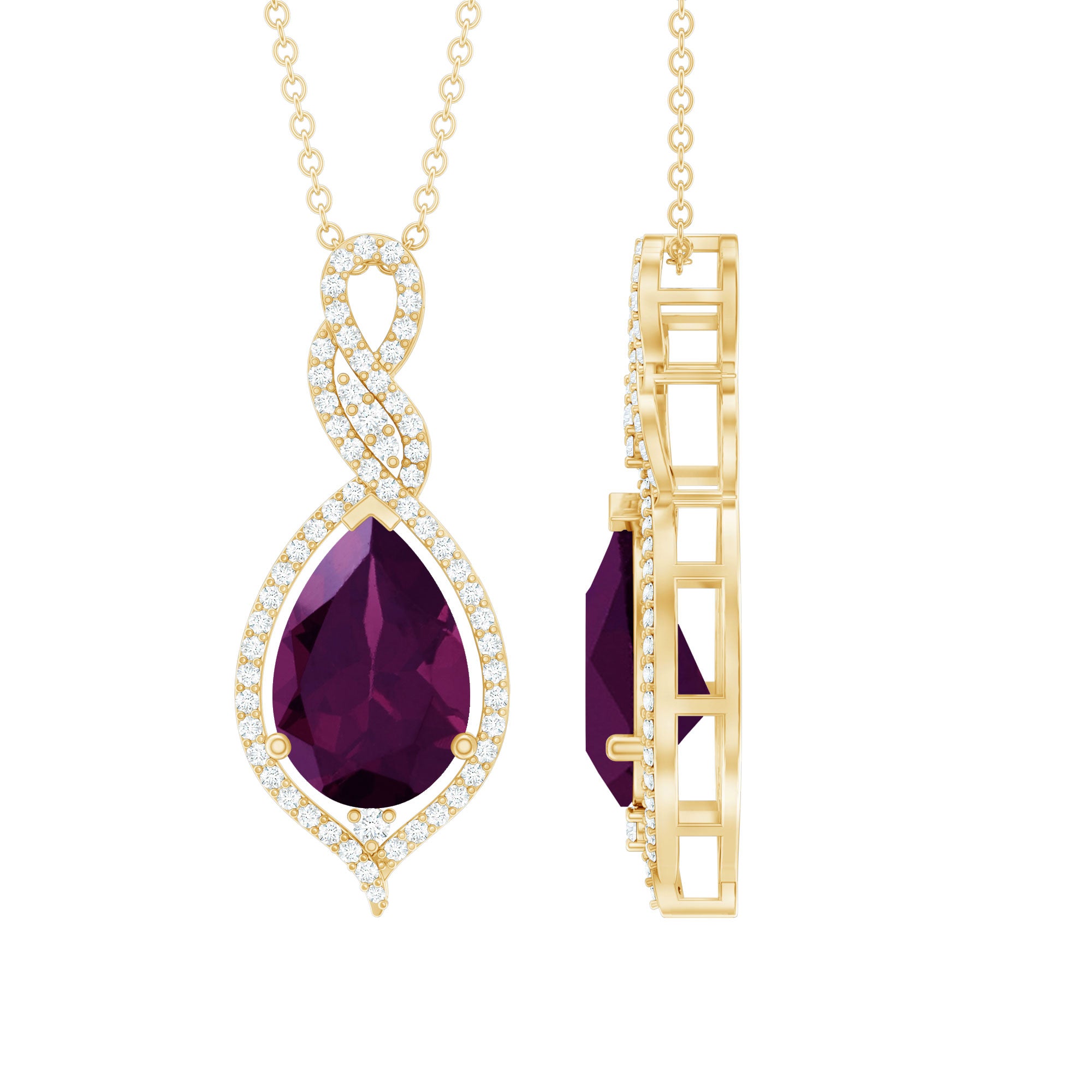 2.5 Carat Pear Shaped Rhodolite Diamond Wedding Necklace for Bride AAA 14K Yellow Gold Plated Silver - Rosec Jewels