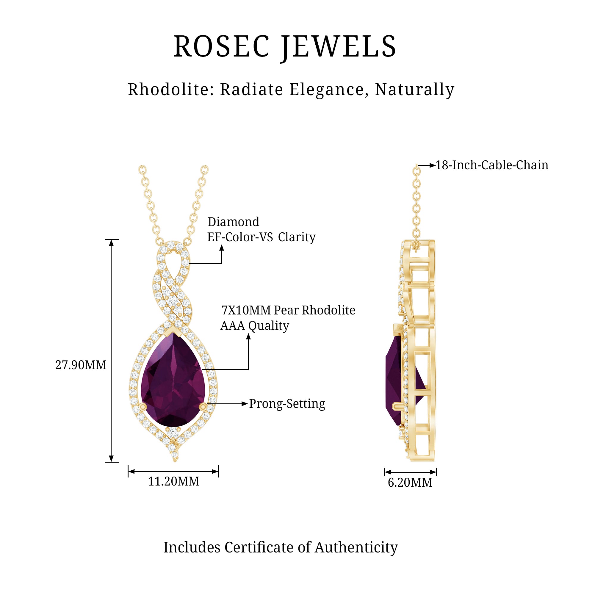 2.5 Carat Pear Shaped Rhodolite Diamond Wedding Necklace for Bride AAA 14K Yellow Gold Plated Silver - Rosec Jewels