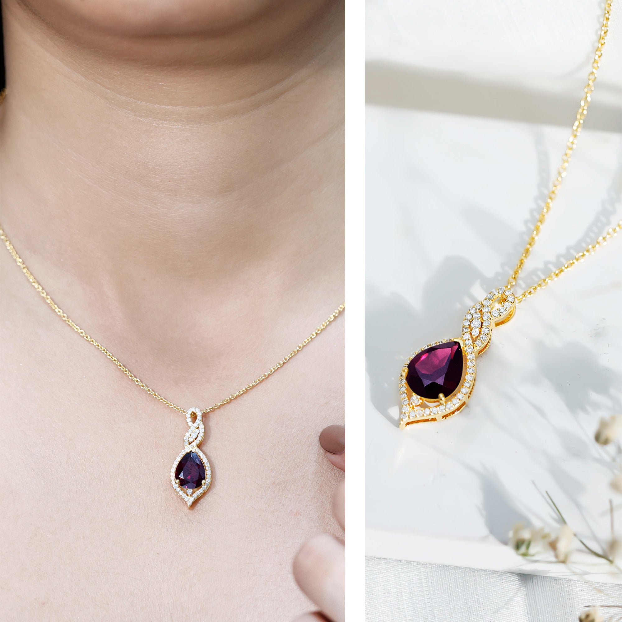 2.5 Carat Pear Shaped Rhodolite Diamond Wedding Necklace for Bride AAA 14K Yellow Gold Plated Silver - Rosec Jewels