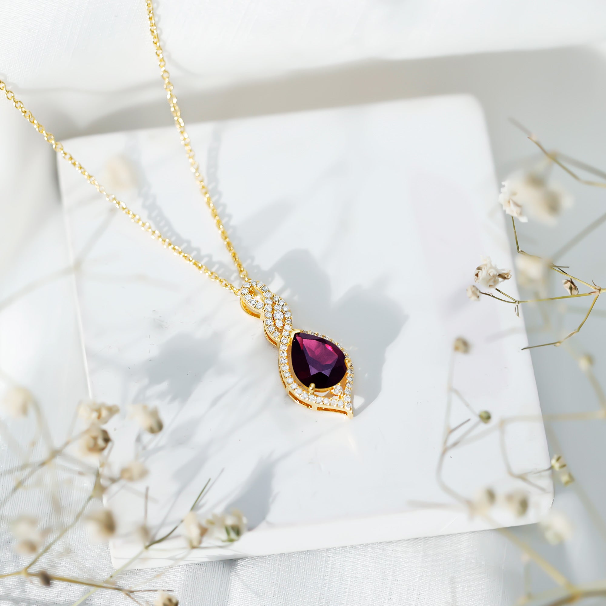 2.5 Carat Pear Shaped Rhodolite Diamond Wedding Necklace for Bride AAA 14K Yellow Gold Plated Silver - Rosec Jewels