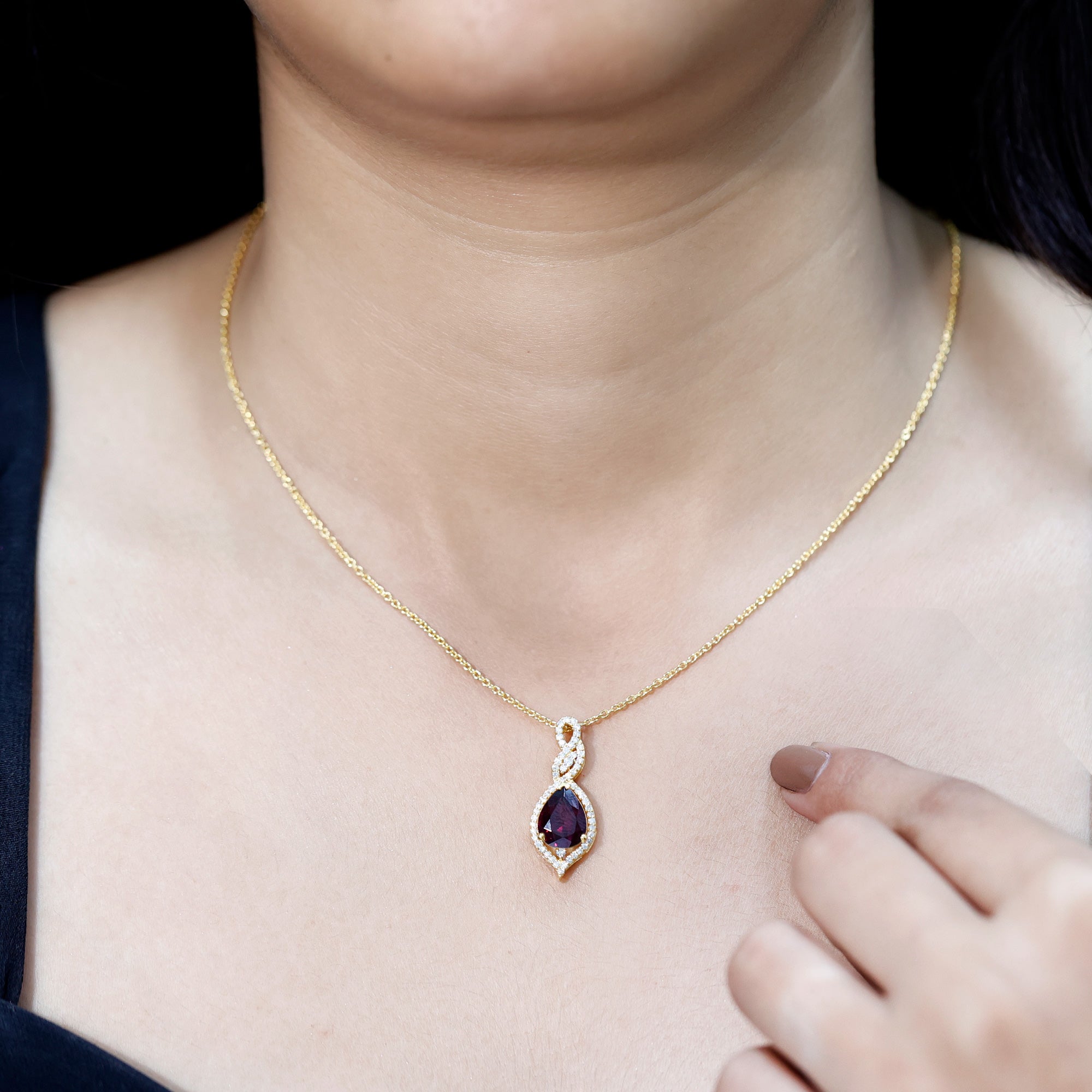 2.5 Carat Pear Shaped Rhodolite Diamond Wedding Necklace for Bride AAA 14K Yellow Gold Plated Silver - Rosec Jewels