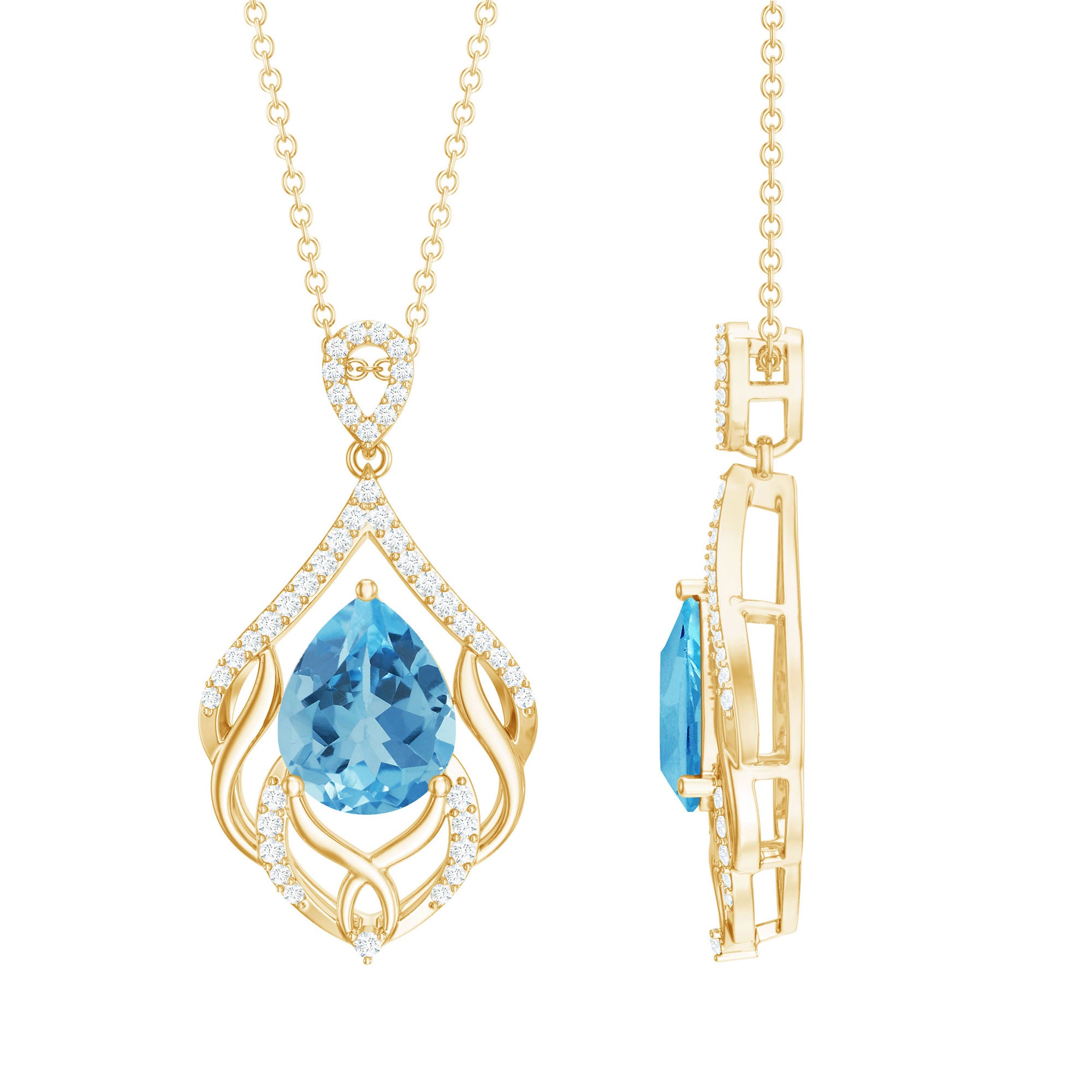 2.2 Carat Swiss Blue Topaz Designer Wedding Necklace with Lab Diamond AAA 14K Yellow Gold Plated Silver - Rosec Jewels