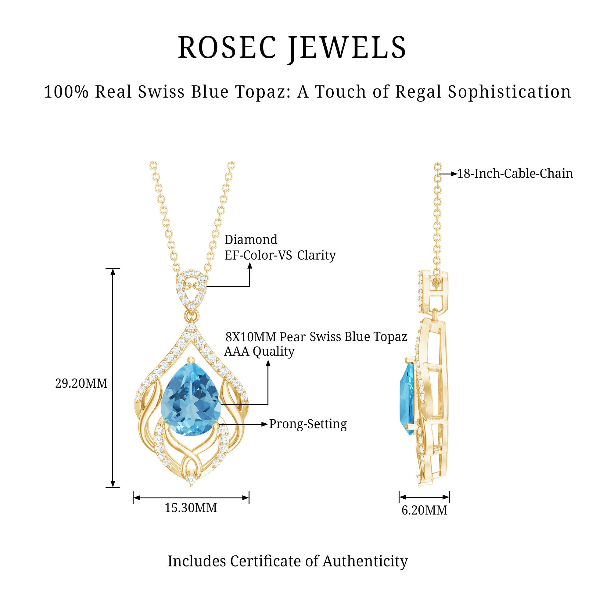 2.2 Carat Swiss Blue Topaz Designer Wedding Necklace with Lab Diamond AAA 14K Yellow Gold Plated Silver - Rosec Jewels