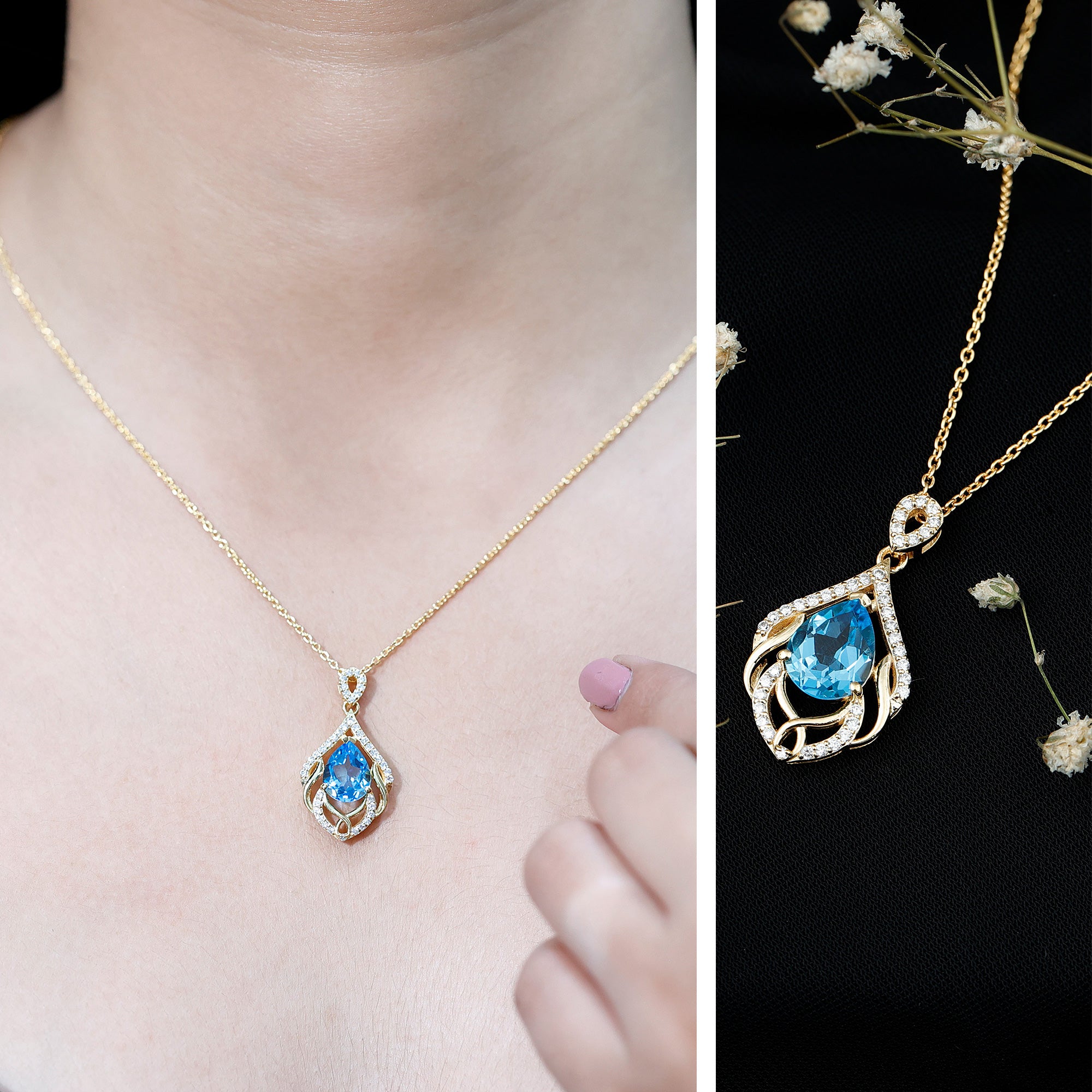 2.2 Carat Swiss Blue Topaz Designer Wedding Necklace with Lab Diamond AAA 14K Yellow Gold Plated Silver - Rosec Jewels