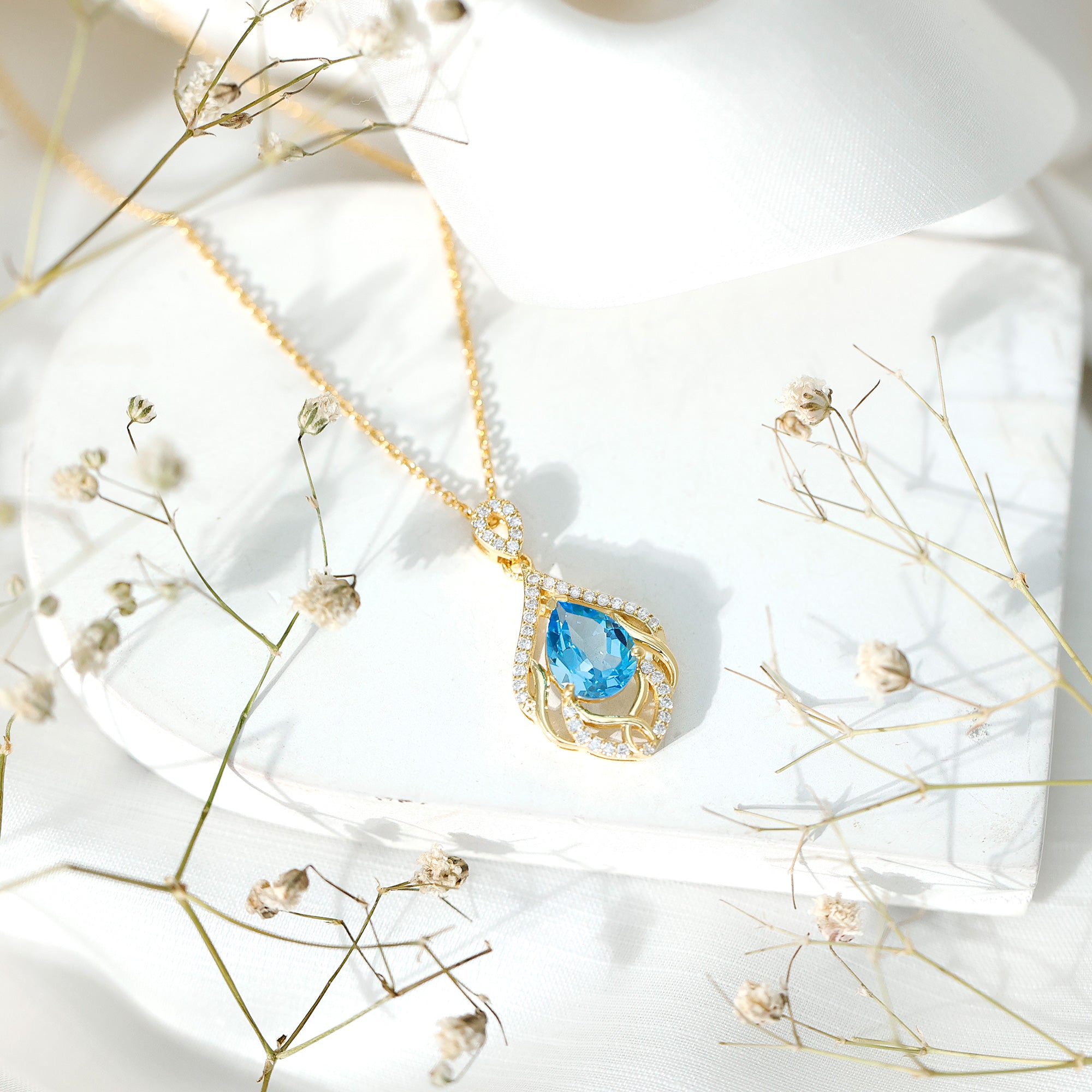 2.2 Carat Swiss Blue Topaz Designer Wedding Necklace with Lab Diamond AAA 14K Yellow Gold Plated Silver - Rosec Jewels
