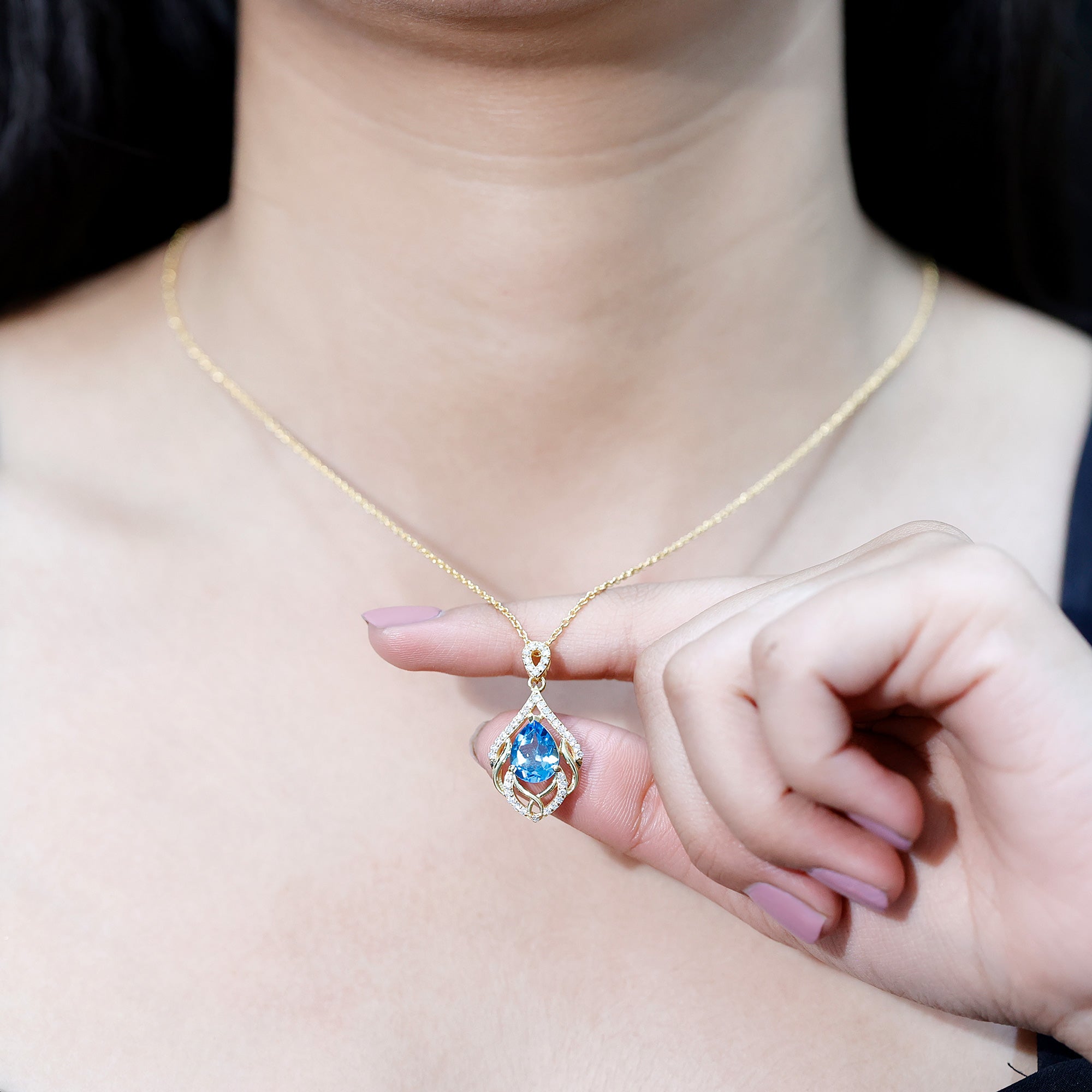 2.2 Carat Swiss Blue Topaz Designer Wedding Necklace with Lab Diamond AAA 14K Yellow Gold Plated Silver - Rosec Jewels