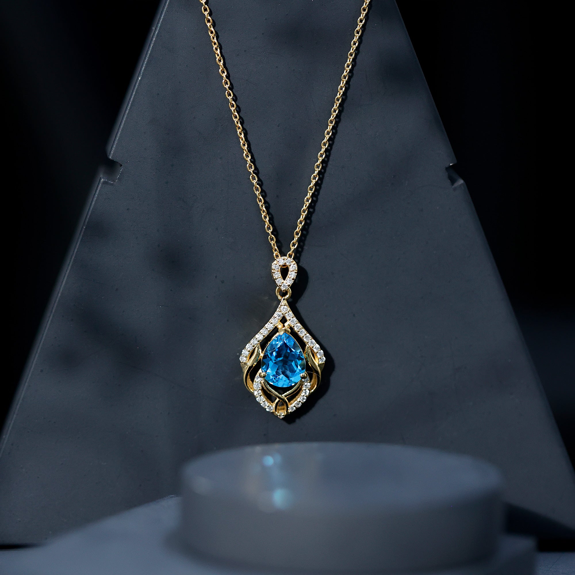 2.2 Carat Swiss Blue Topaz Designer Wedding Necklace with Lab Diamond AAA 14K Yellow Gold Plated Silver - Rosec Jewels