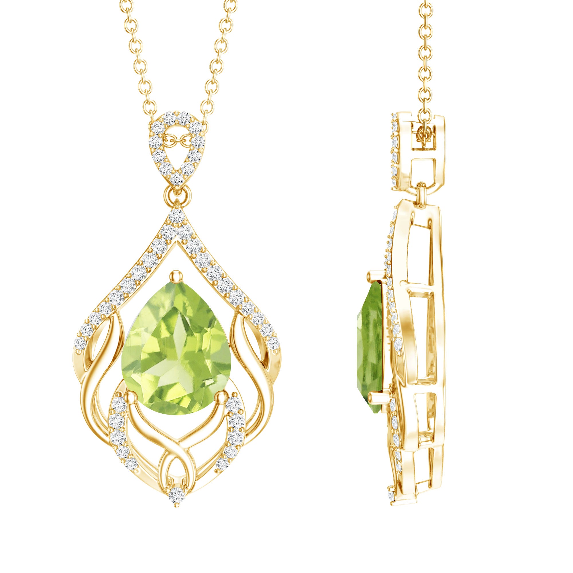 Designer 2.2 Carat Peridot Necklace with Lab Diamond AAA 14K Yellow Gold Plated Silver - Rosec Jewels