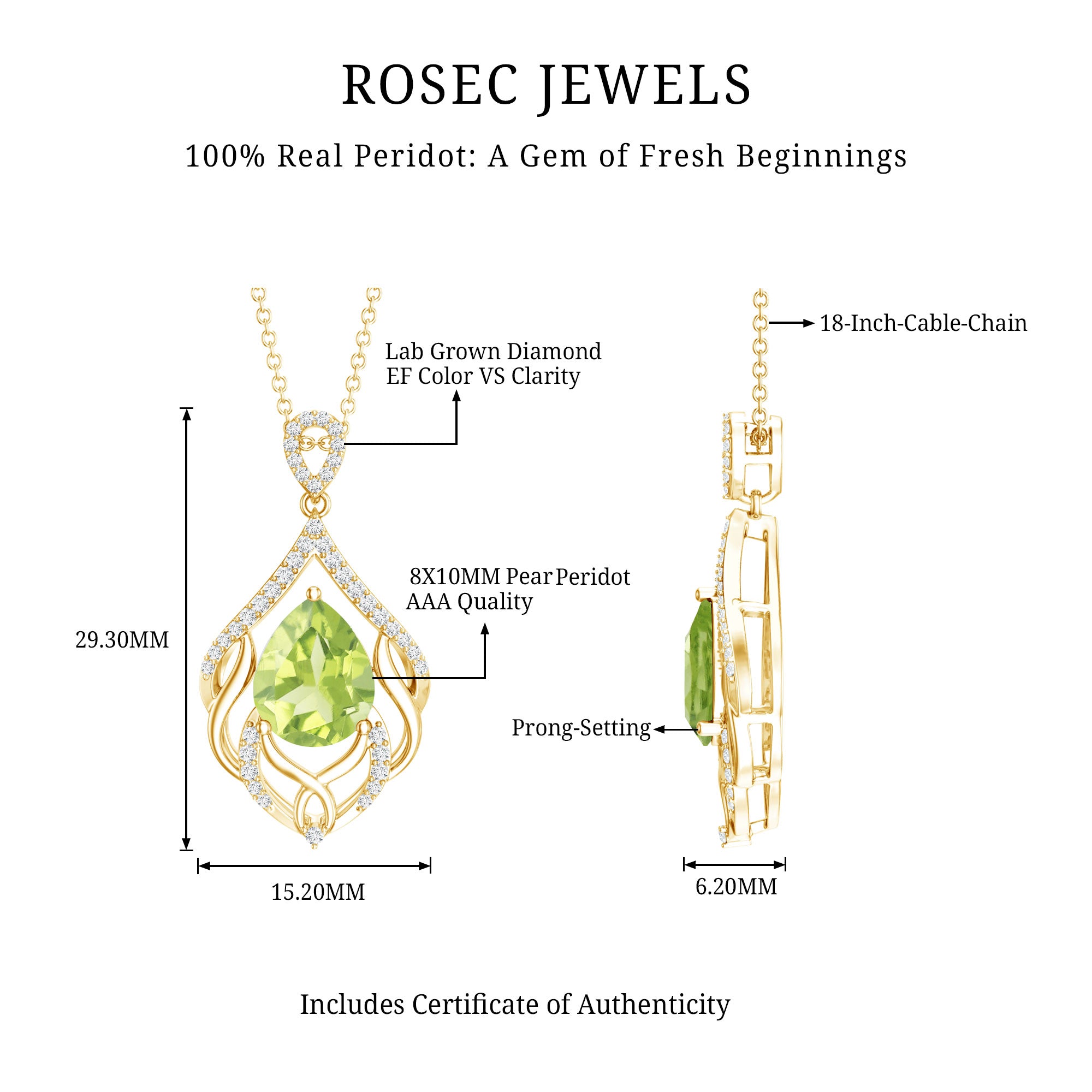 Designer 2.2 Carat Peridot Necklace with Lab Diamond AAA 14K Yellow Gold Plated Silver - Rosec Jewels