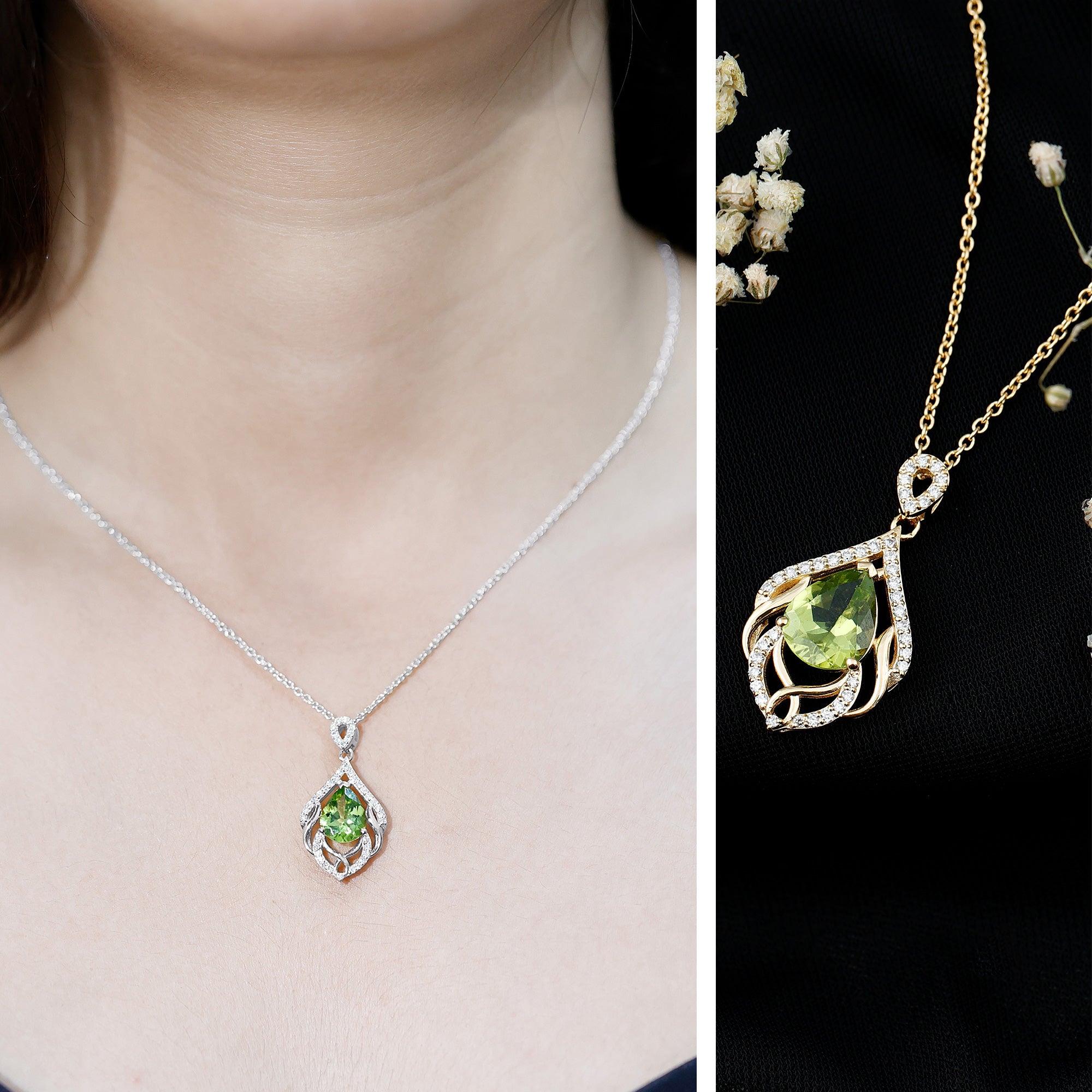 Designer 2.2 Carat Peridot Necklace with Lab Diamond AAA 14K Yellow Gold Plated Silver - Rosec Jewels