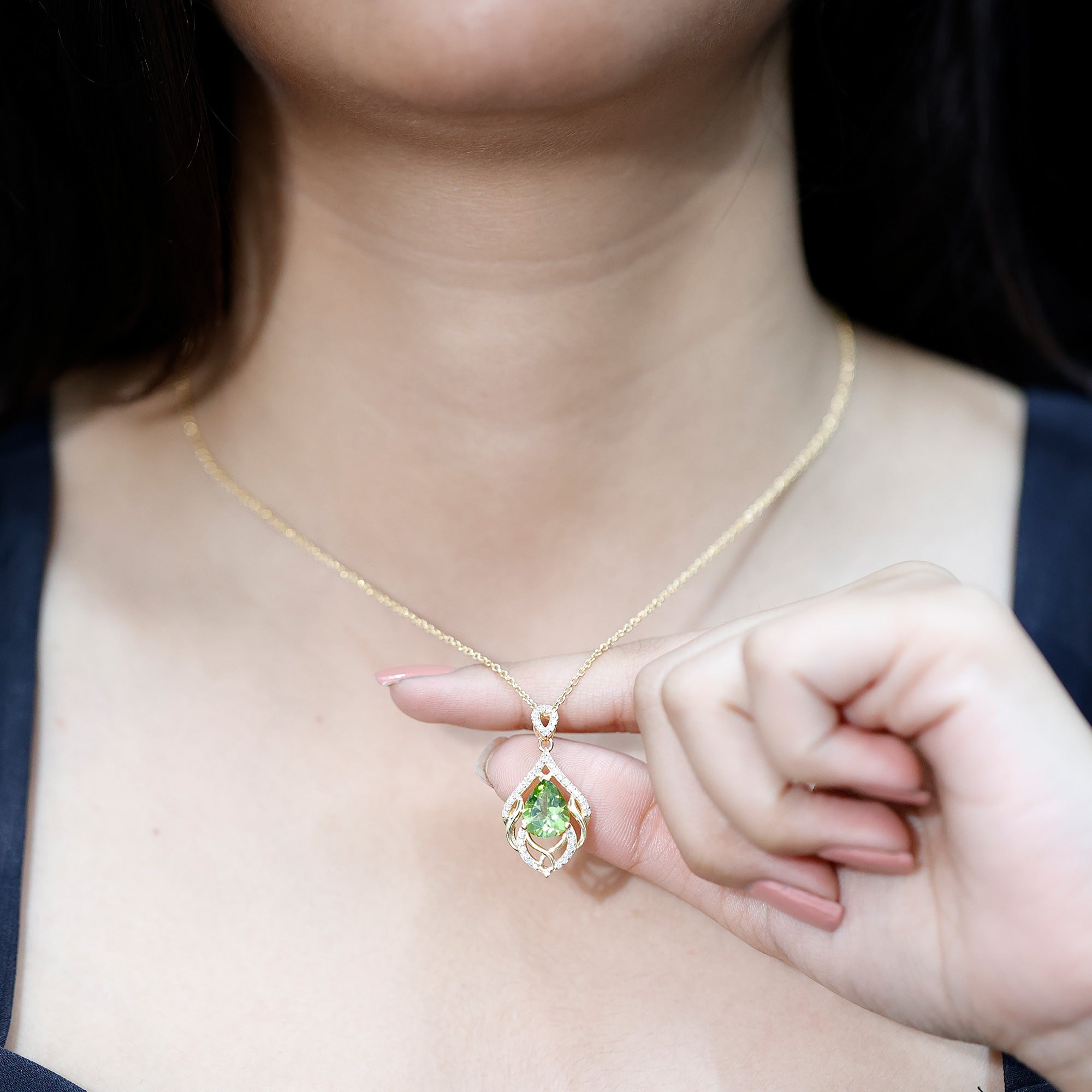 Designer 2.2 Carat Peridot Necklace with Lab Diamond AAA 14K Yellow Gold Plated Silver - Rosec Jewels