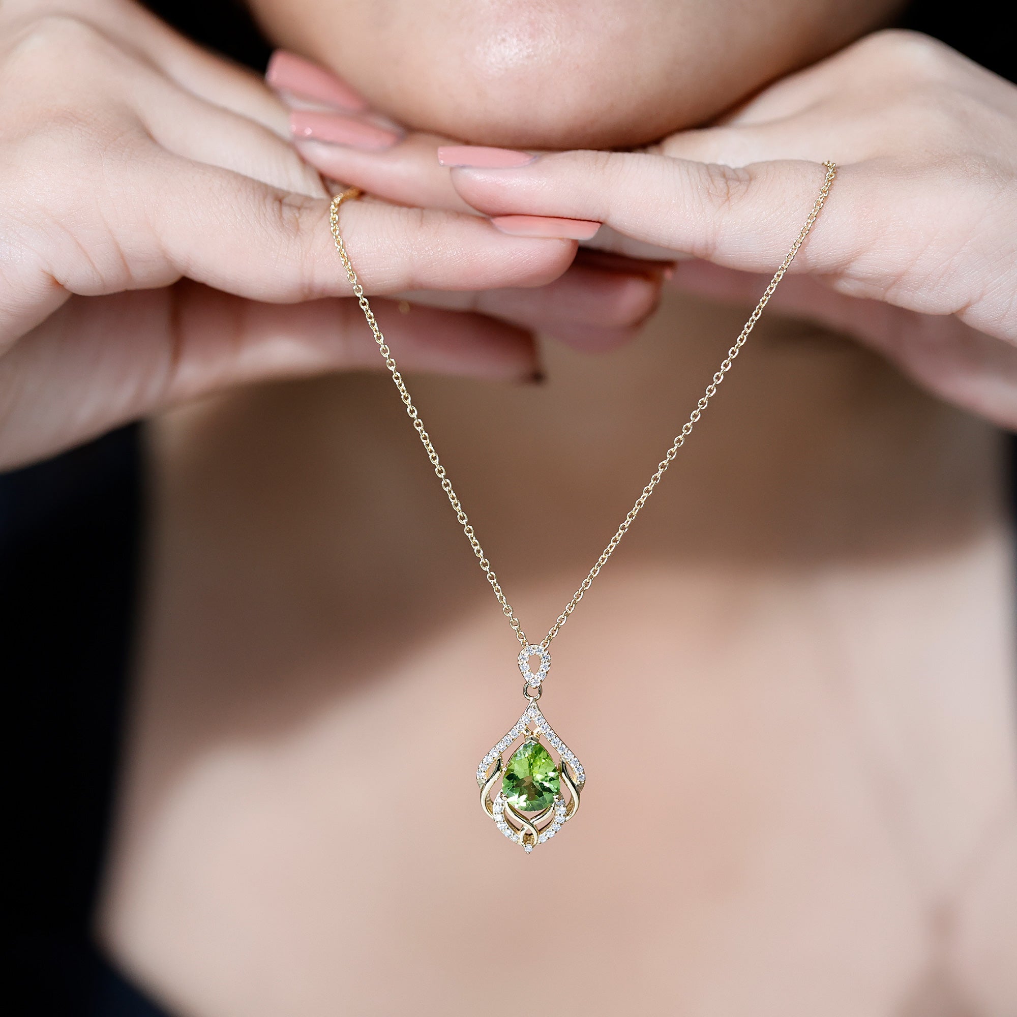 Designer 2.2 Carat Peridot Necklace with Lab Diamond AAA 14K Yellow Gold Plated Silver - Rosec Jewels
