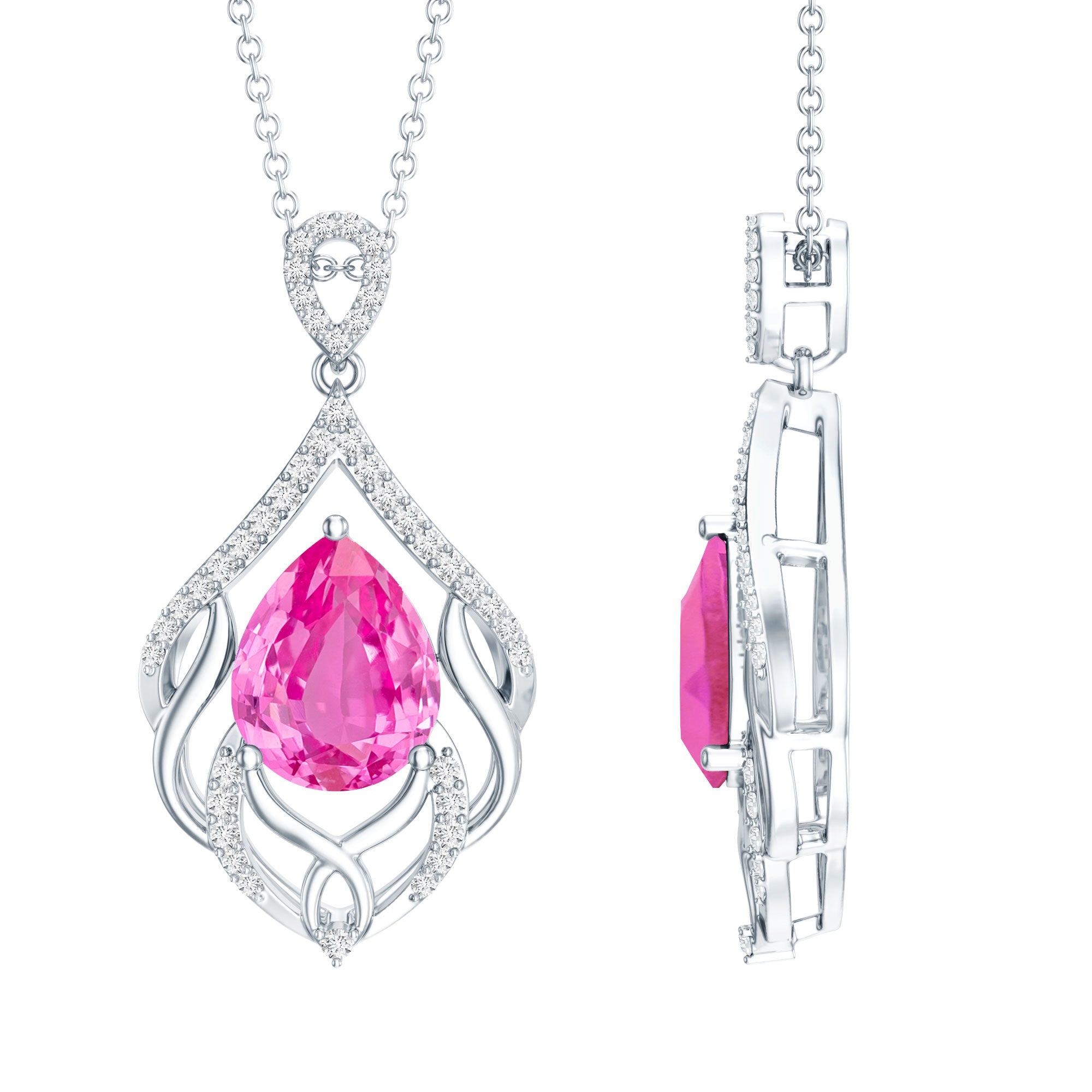 3.3 Carat Lab Grown Pink Sapphire Designer Necklace with Diamond AAAA 92.5 Sterling Silver - Rosec Jewels