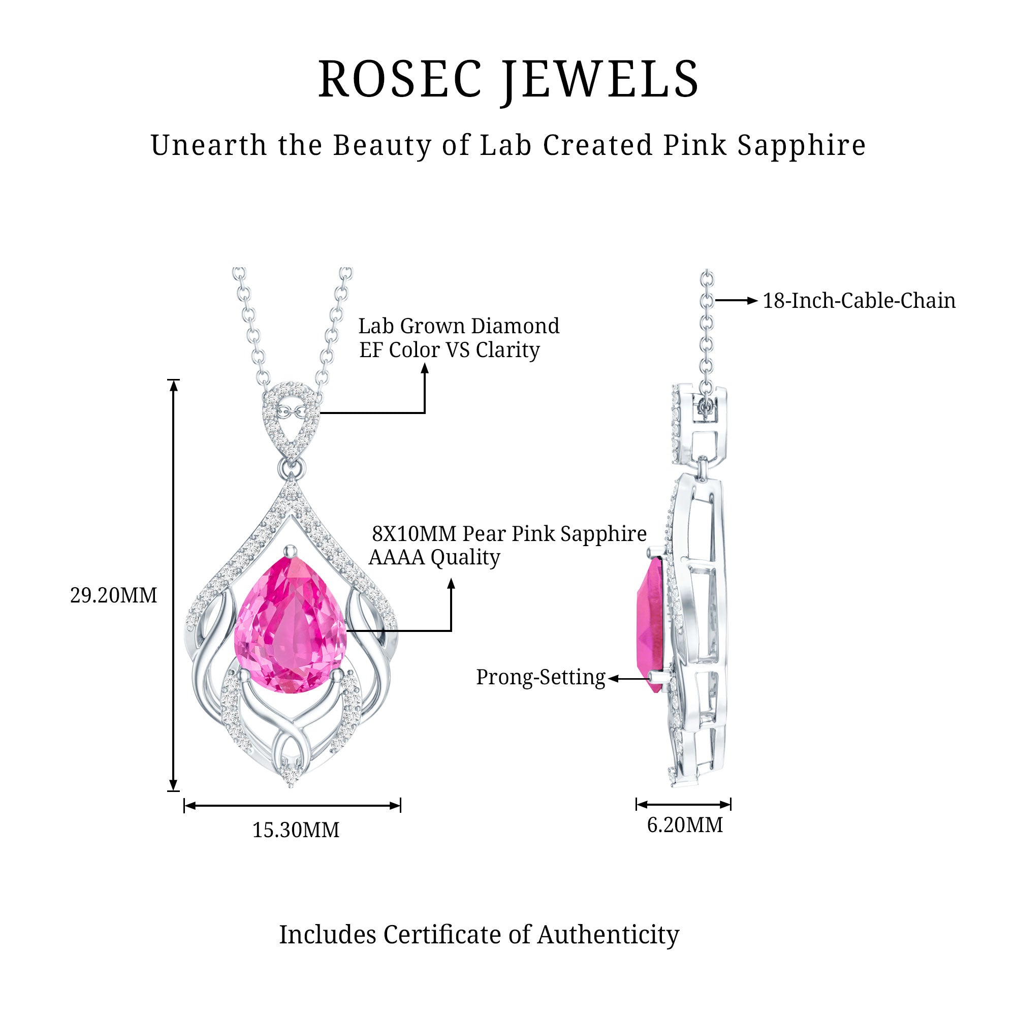 3.3 Carat Lab Grown Pink Sapphire Designer Necklace with Diamond AAAA 92.5 Sterling Silver - Rosec Jewels