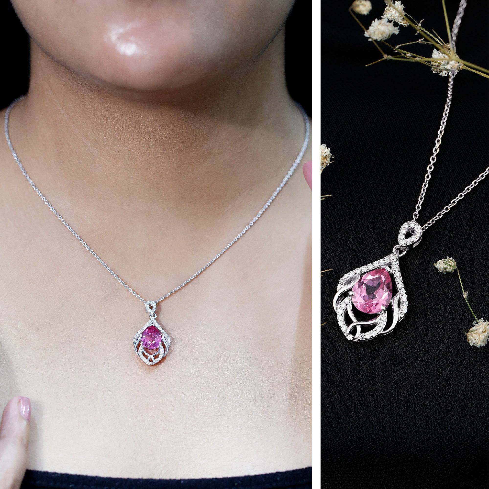 3.3 Carat Lab Grown Pink Sapphire Designer Necklace with Diamond AAAA 92.5 Sterling Silver - Rosec Jewels