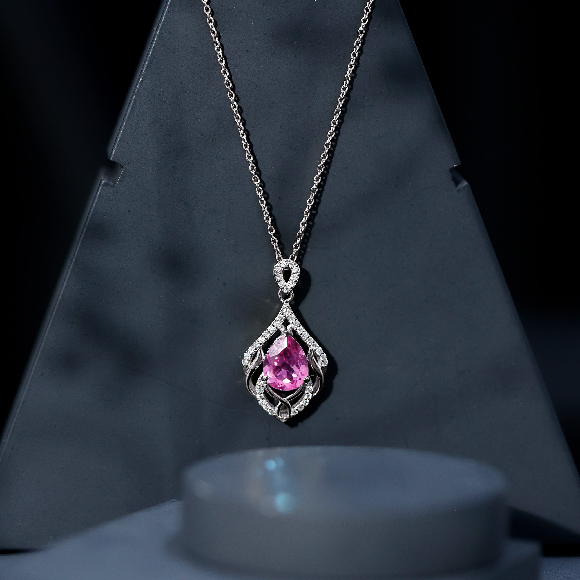 3.3 Carat Lab Grown Pink Sapphire Designer Necklace with Diamond AAAA 92.5 Sterling Silver - Rosec Jewels