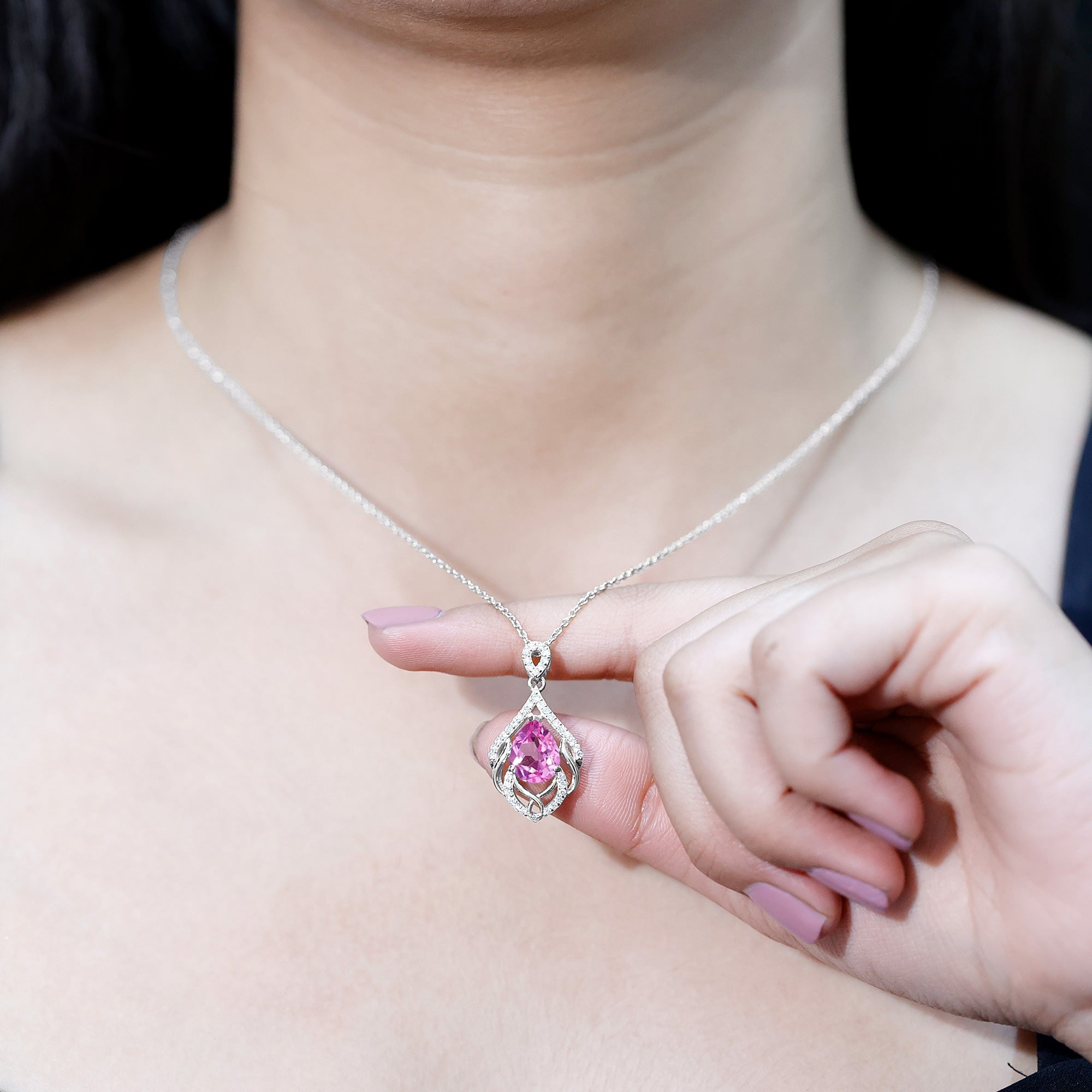 3.3 Carat Lab Grown Pink Sapphire Designer Necklace with Diamond AAAA 92.5 Sterling Silver - Rosec Jewels