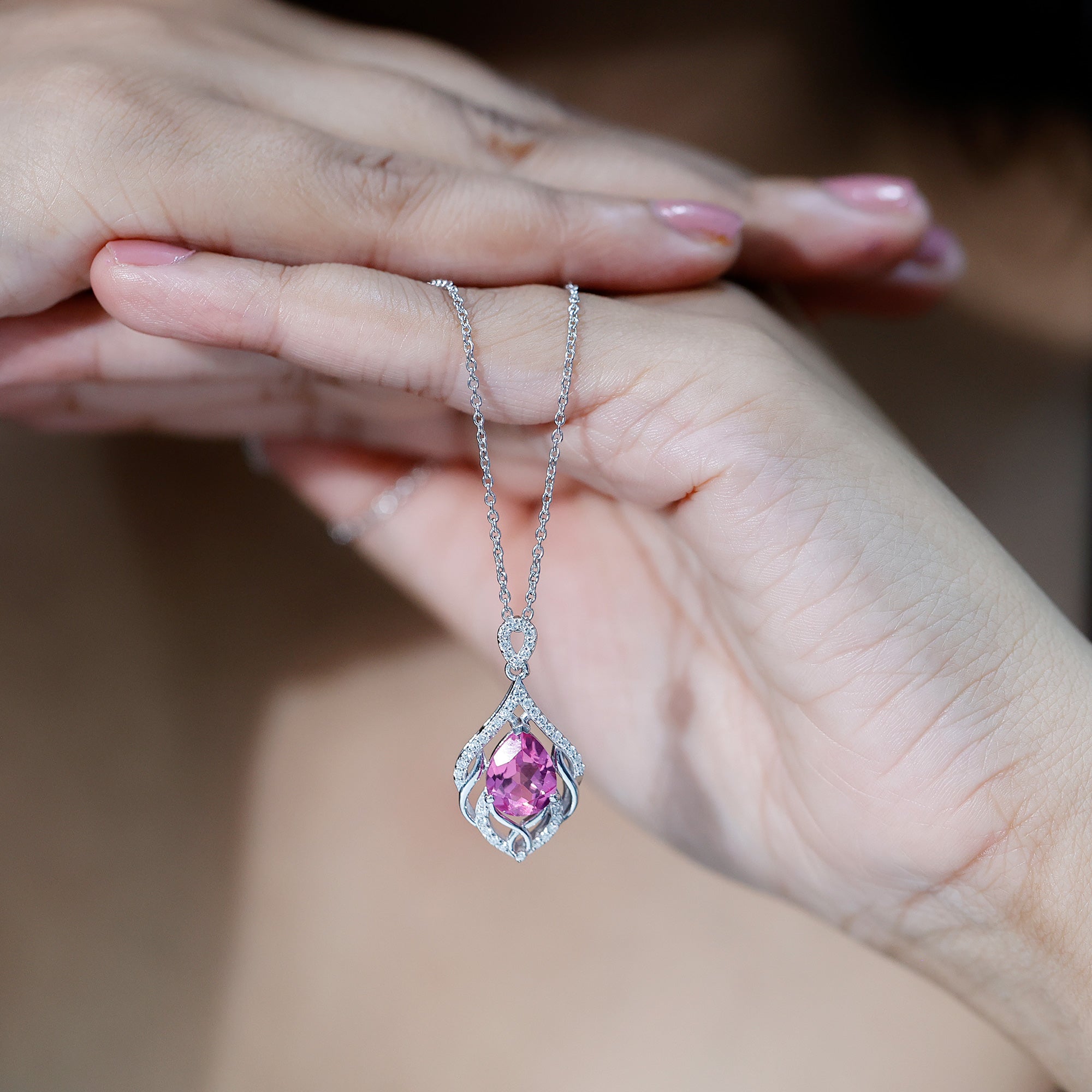 3.3 Carat Lab Grown Pink Sapphire Designer Necklace with Diamond AAAA 92.5 Sterling Silver - Rosec Jewels