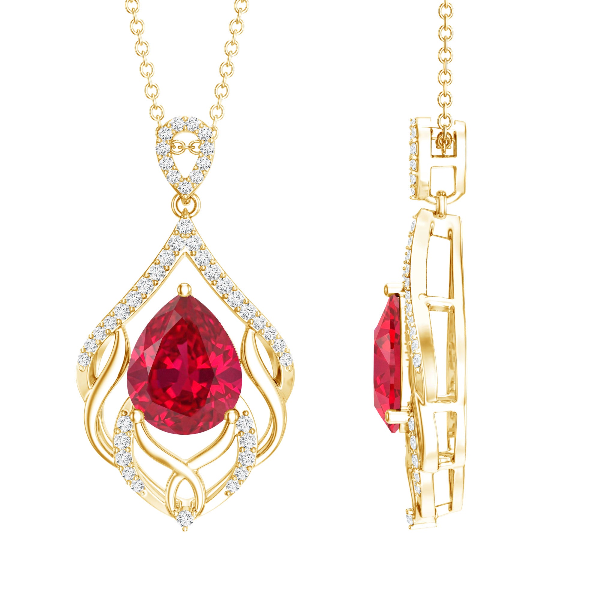 3 Carat Lab Grown Ruby Wedding Necklace with Diamond AAAA 14K Yellow Gold Plated Silver - Rosec Jewels