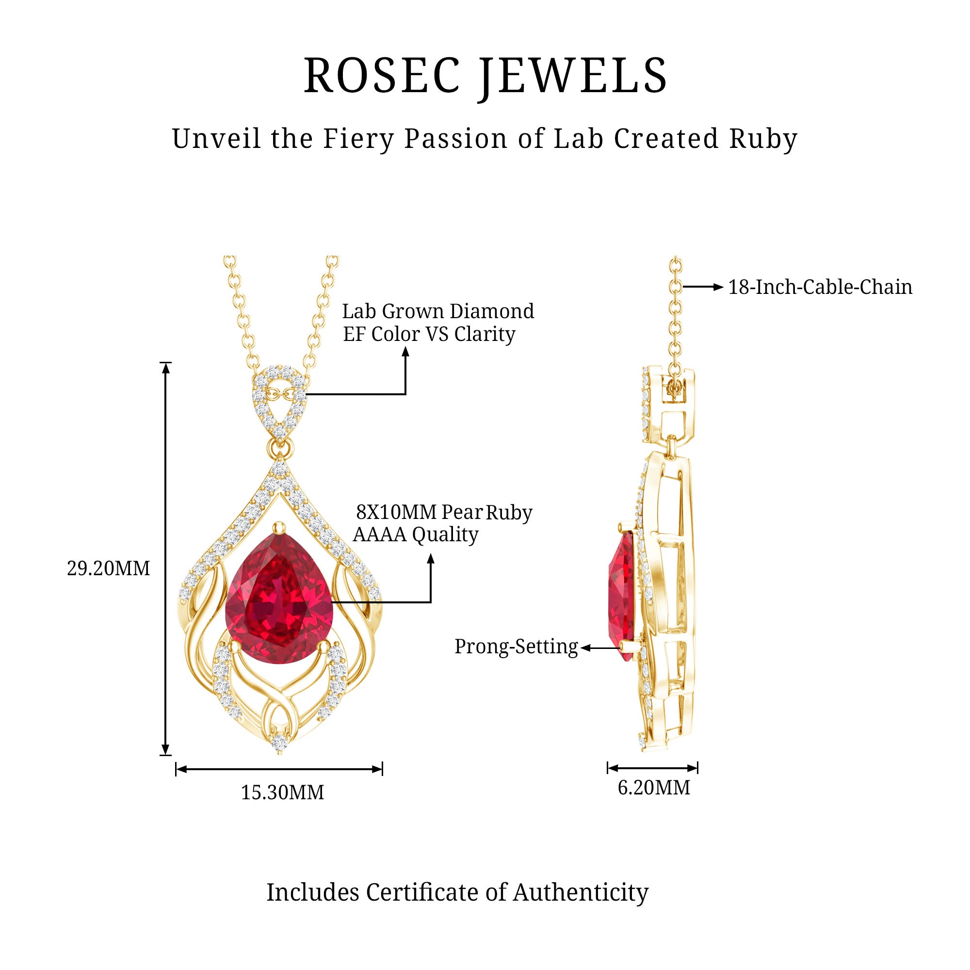 3 Carat Lab Grown Ruby Wedding Necklace with Diamond AAAA 14K Yellow Gold Plated Silver - Rosec Jewels