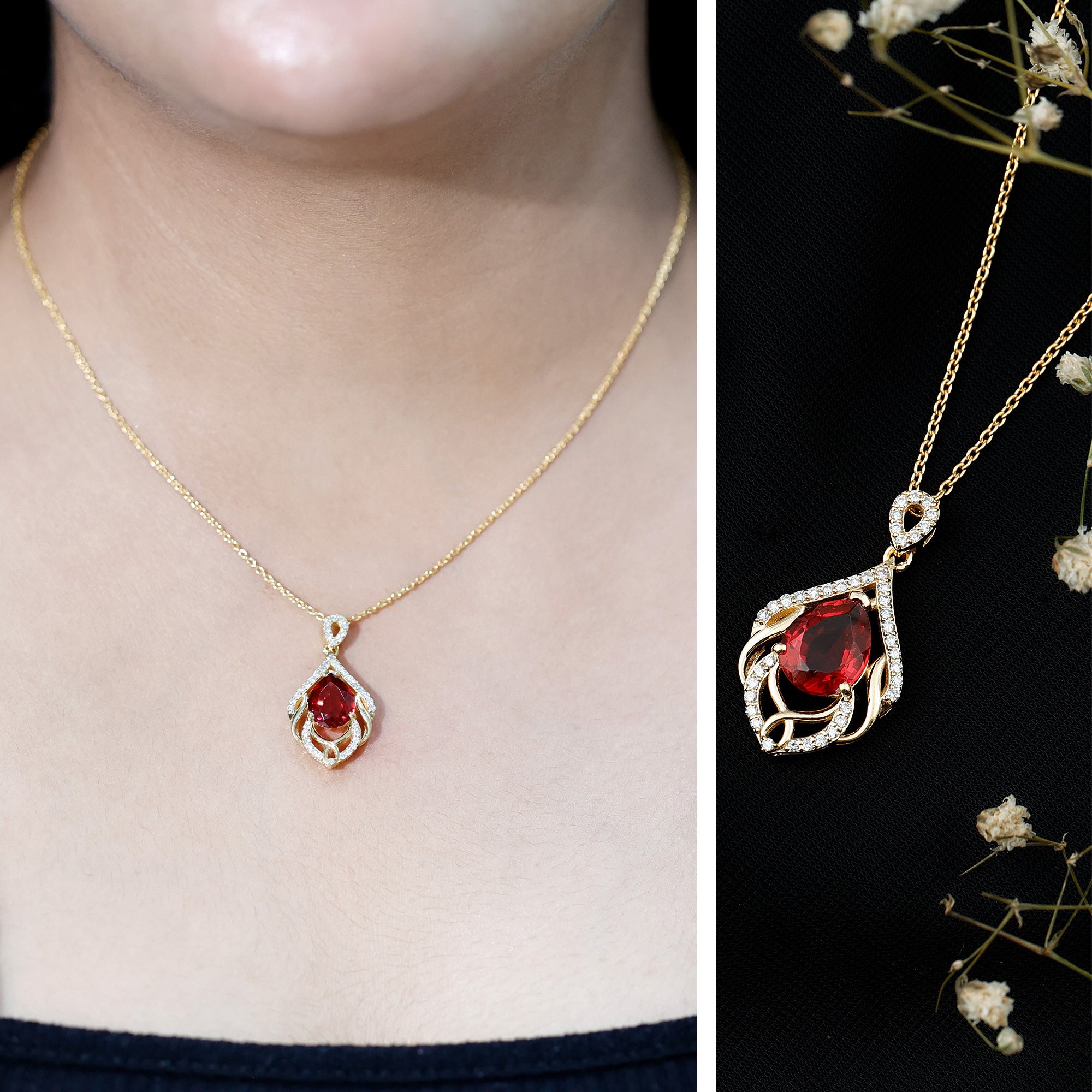 3 Carat Lab Grown Ruby Wedding Necklace with Diamond AAAA 14K Yellow Gold Plated Silver - Rosec Jewels