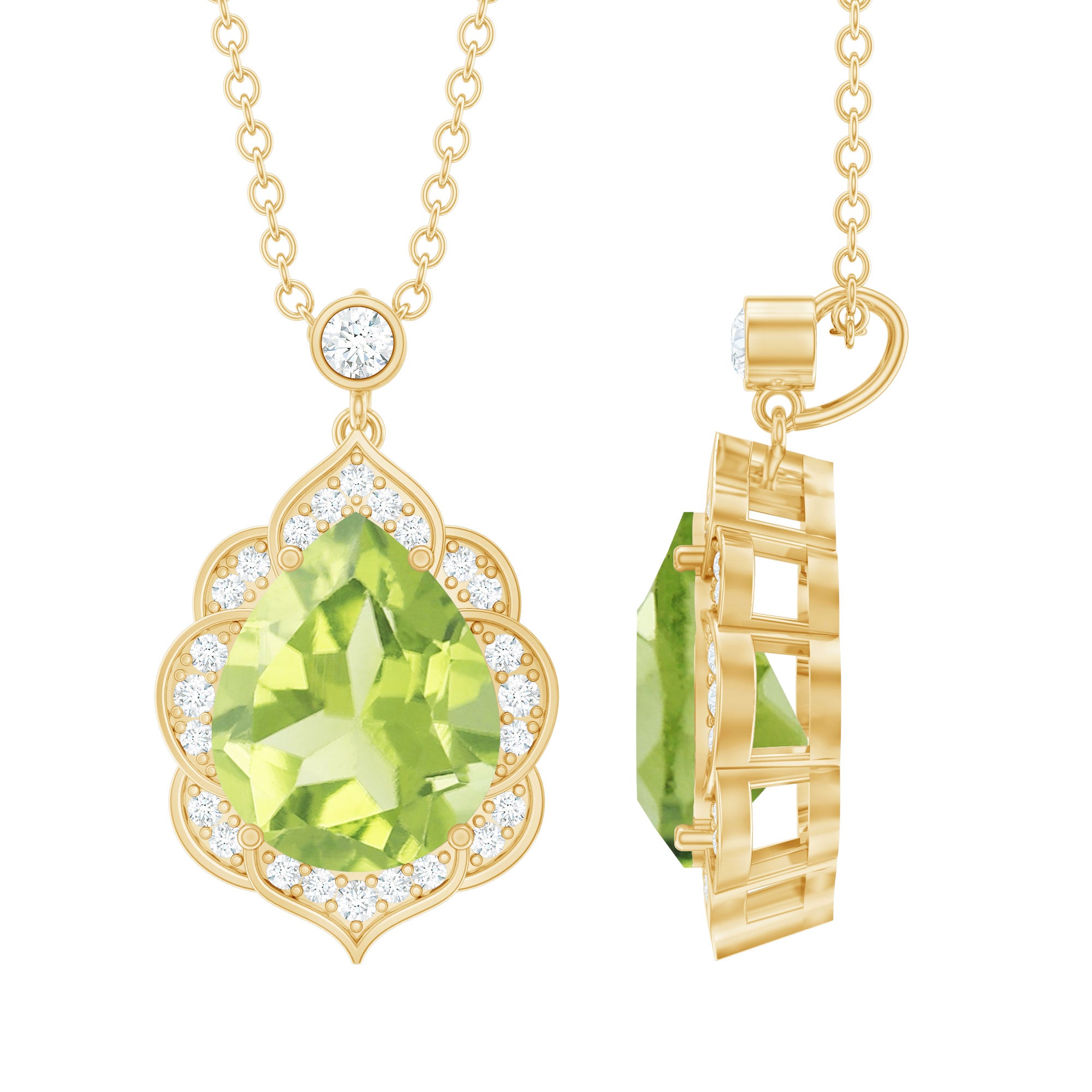 Natural 2.2 Carat Pear Shape Peridot Vintage Necklace with Lab Grown Diamond AAA 14K Yellow Gold Plated Silver - Rosec Jewels