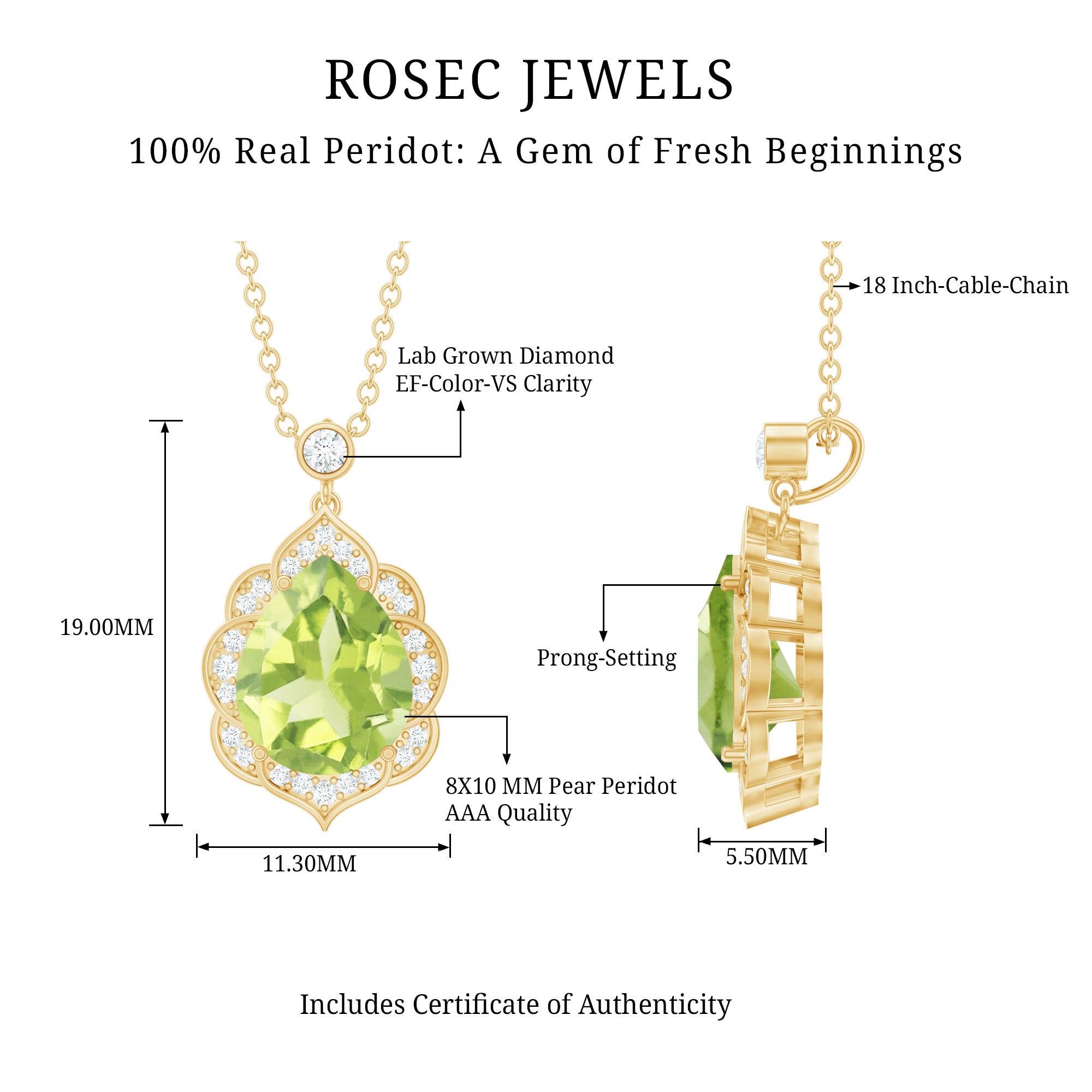Natural 2.2 Carat Pear Shape Peridot Vintage Necklace with Lab Grown Diamond AAA 14K Yellow Gold Plated Silver - Rosec Jewels