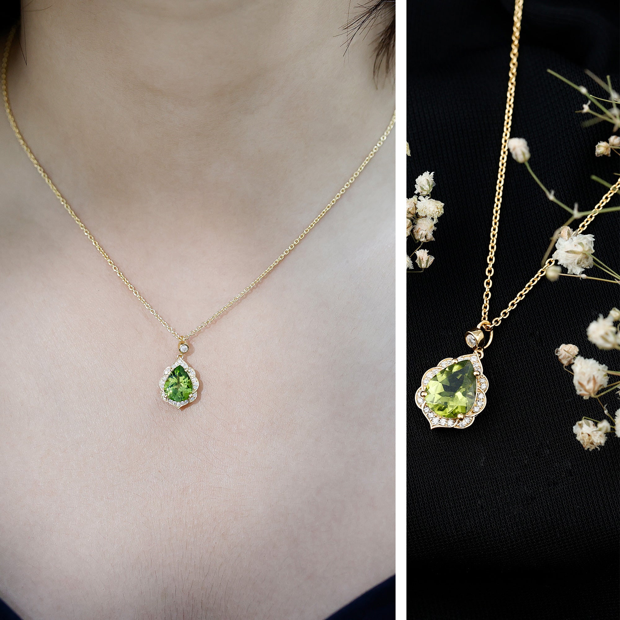 Natural 2.2 Carat Pear Shape Peridot Vintage Necklace with Lab Grown Diamond AAA 14K Yellow Gold Plated Silver - Rosec Jewels